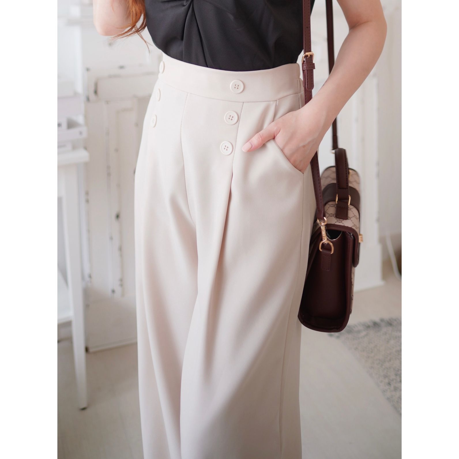 百搭知性の選💮排鈕闊腳長褲(KR)杏色310737