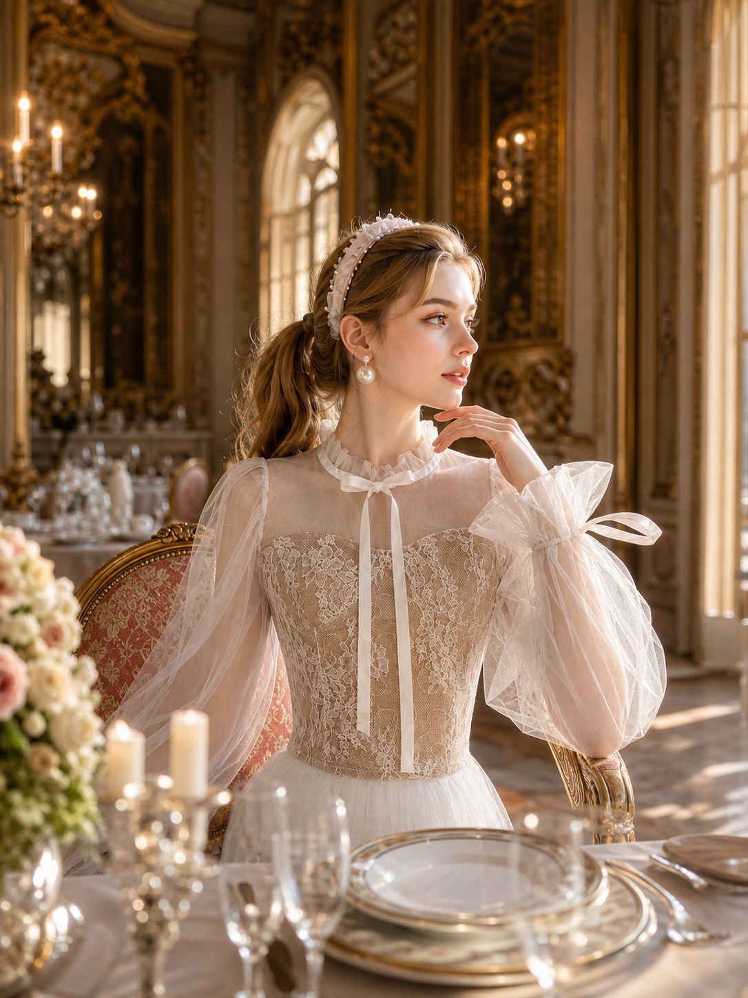 維多利亞蕾絲輕紗公主泡泡袖禮服 Victorian Ethereal Lace Princess Gown