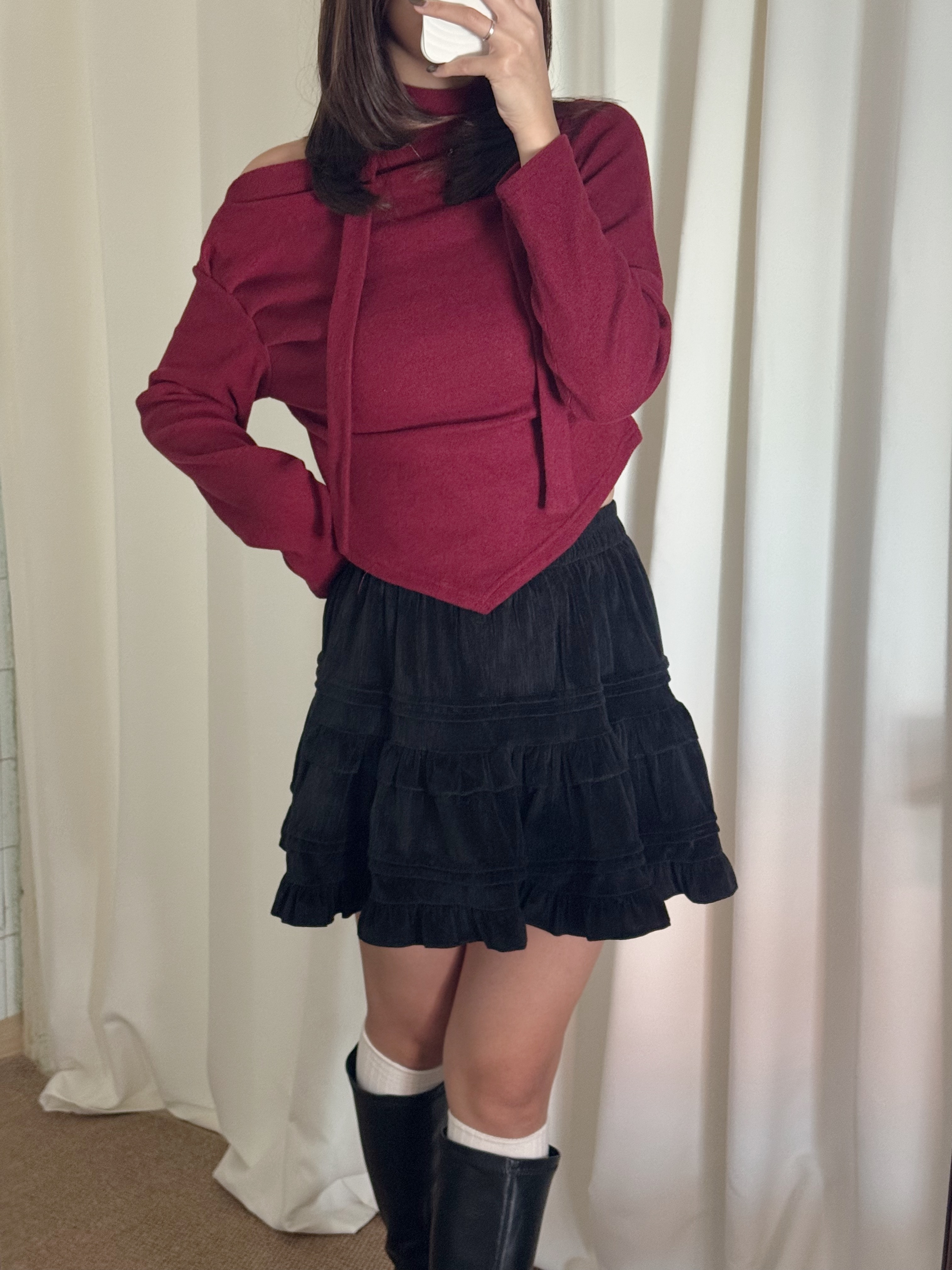 皺皺毛呢頸帶長袖上衣(四色入)