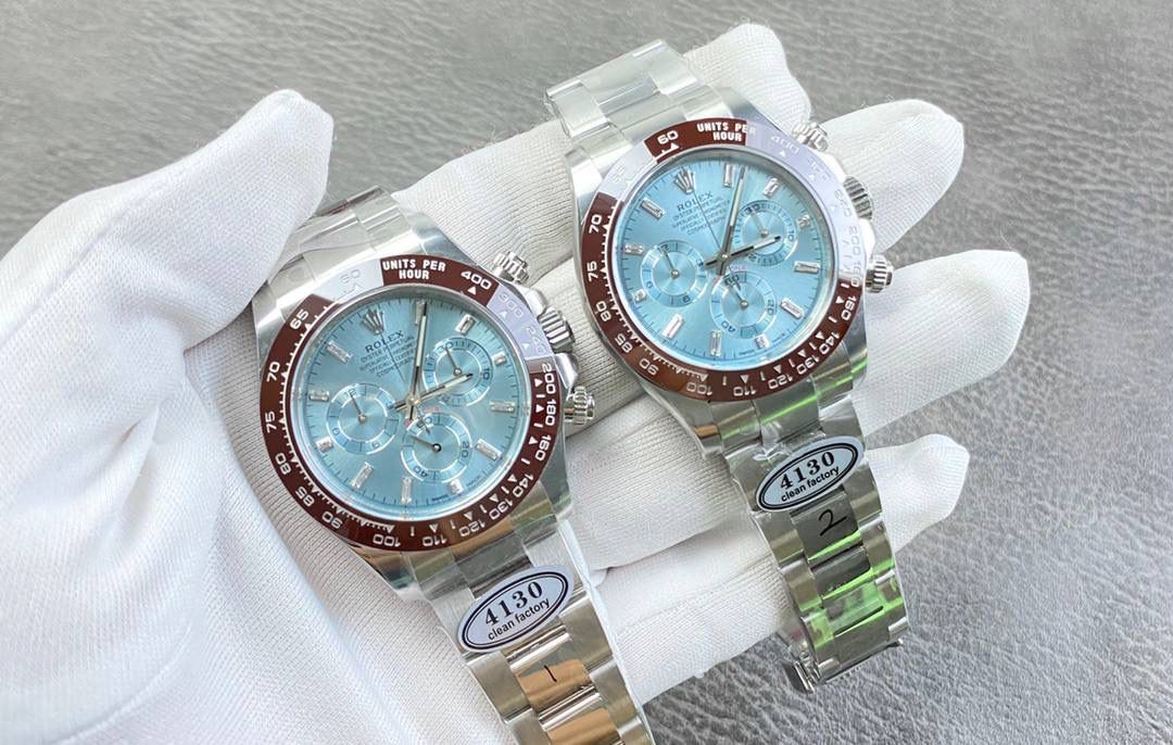 C厂！劳力士迪通拿系列，冰蓝迪！莫桑钻刻度，搭载丹东厂的4130机芯，40mm直径，12.2厚度！