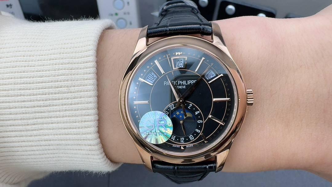 百达翡丽复杂功能时计系列男士腕表，月相显示，玫瑰金表壳，黑色表盘