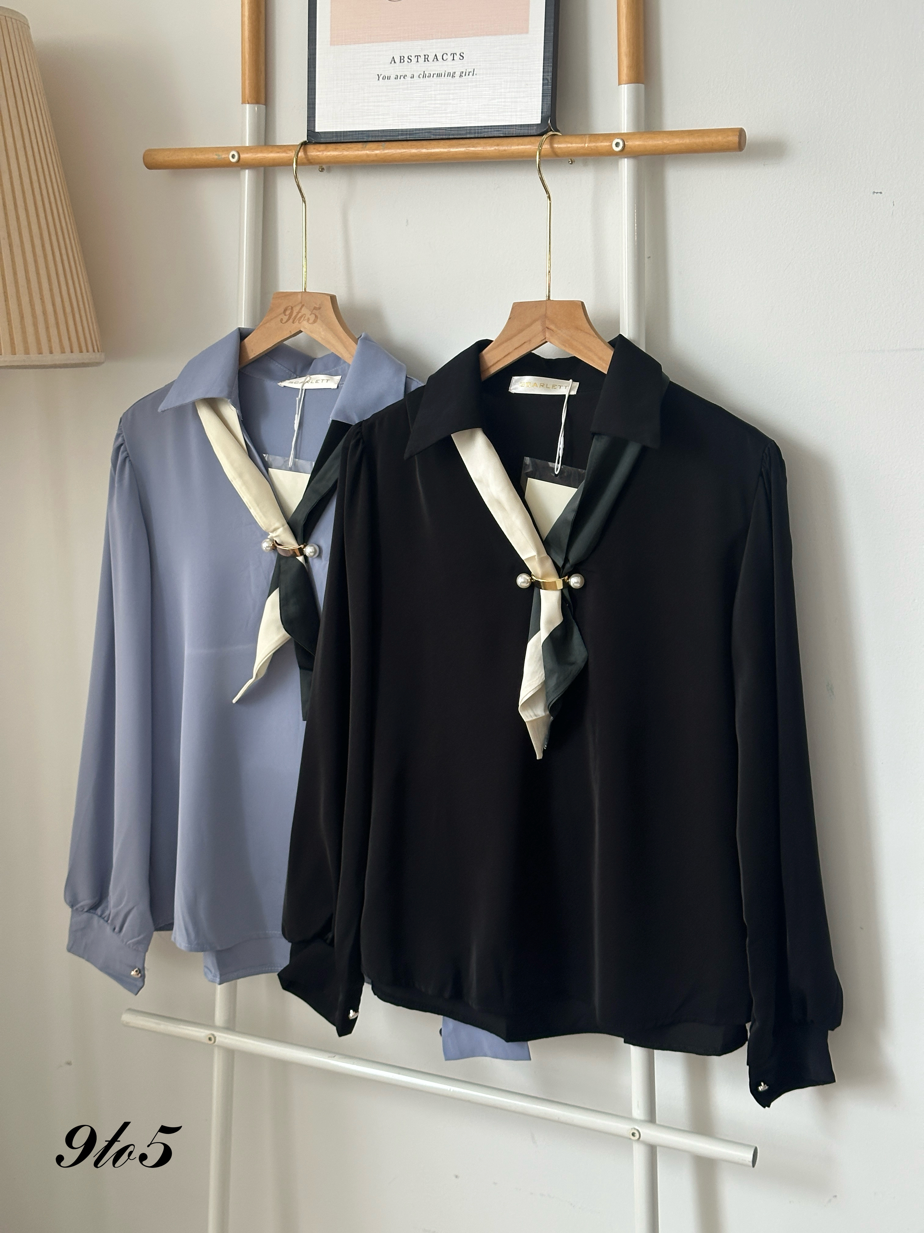 T4072 V Neck Shirt with Scarf - Black & Blue