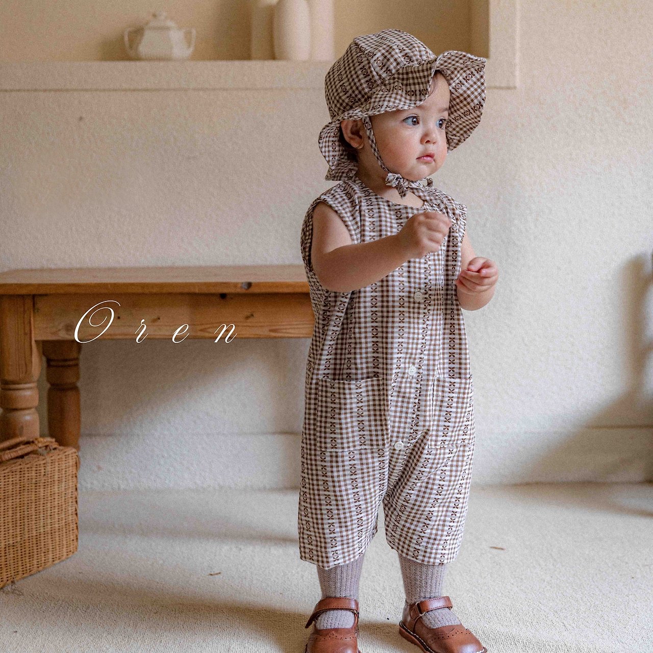 ☀️預訂 韓國直送☀️🇰🇷Oren Camille 棕色提花背心連身服/漁夫帽