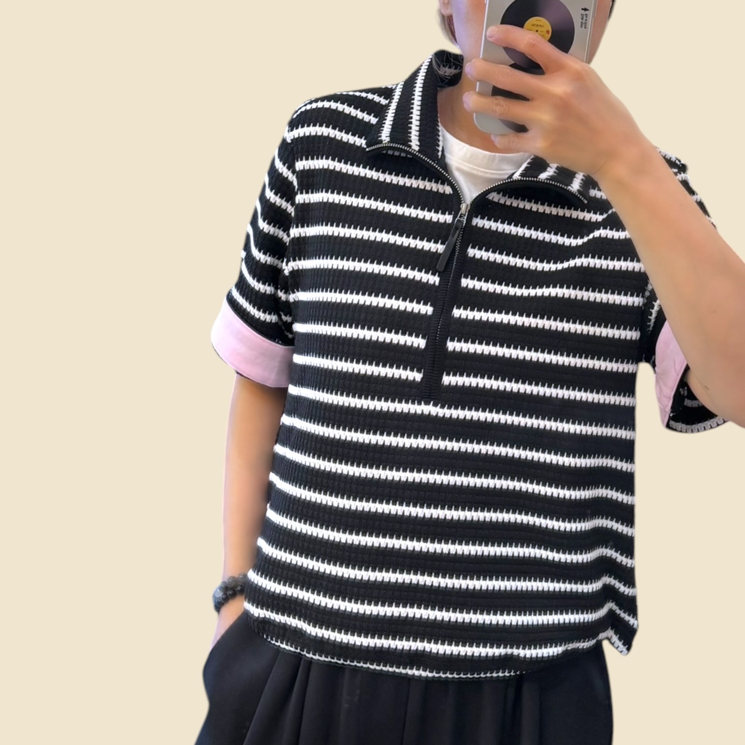 221484 袖拼色橫間束腳Tee