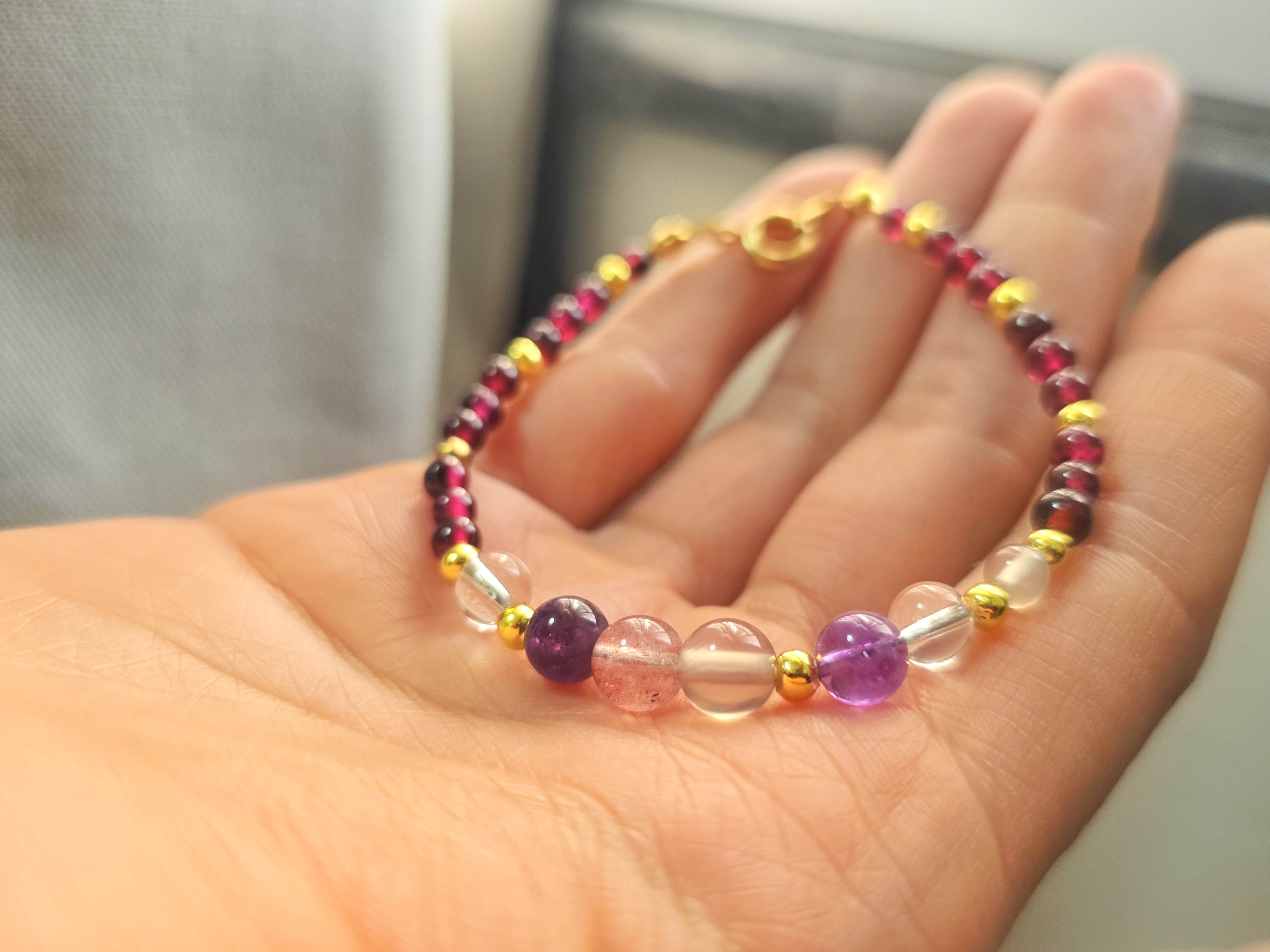 DIY0126-7 天然草莓 白水晶 紫水晶 灰瑪瑙 石榴石手鍊