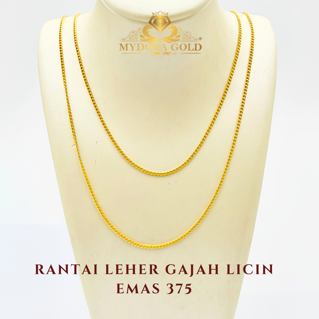 MYDORA Golden Duo Set – Rantai Leher Gajah Licin (51cm) Emas 375 + Pendant Emas 916