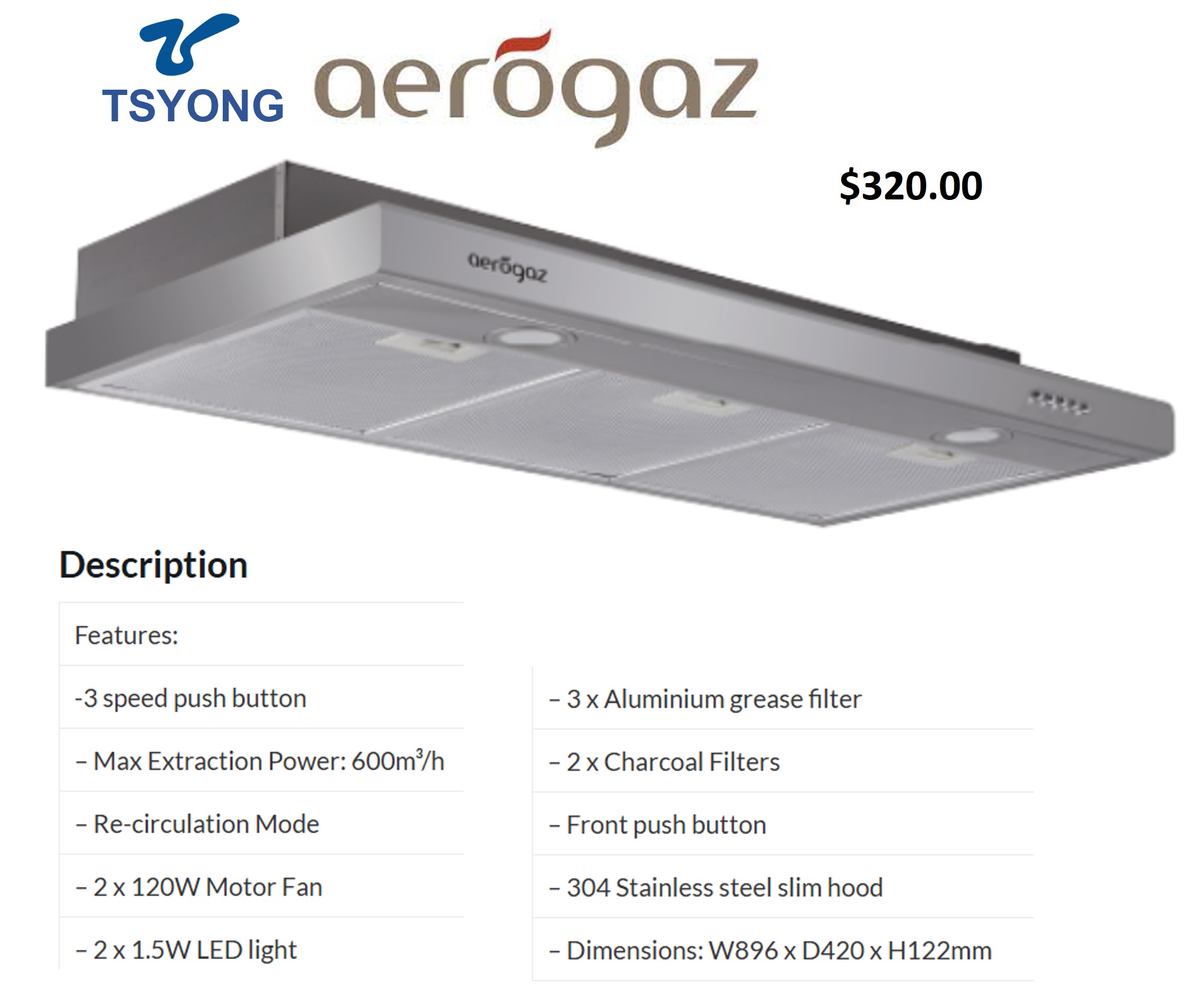 AEROGAZ 90cm Slim Hood AZ-9700