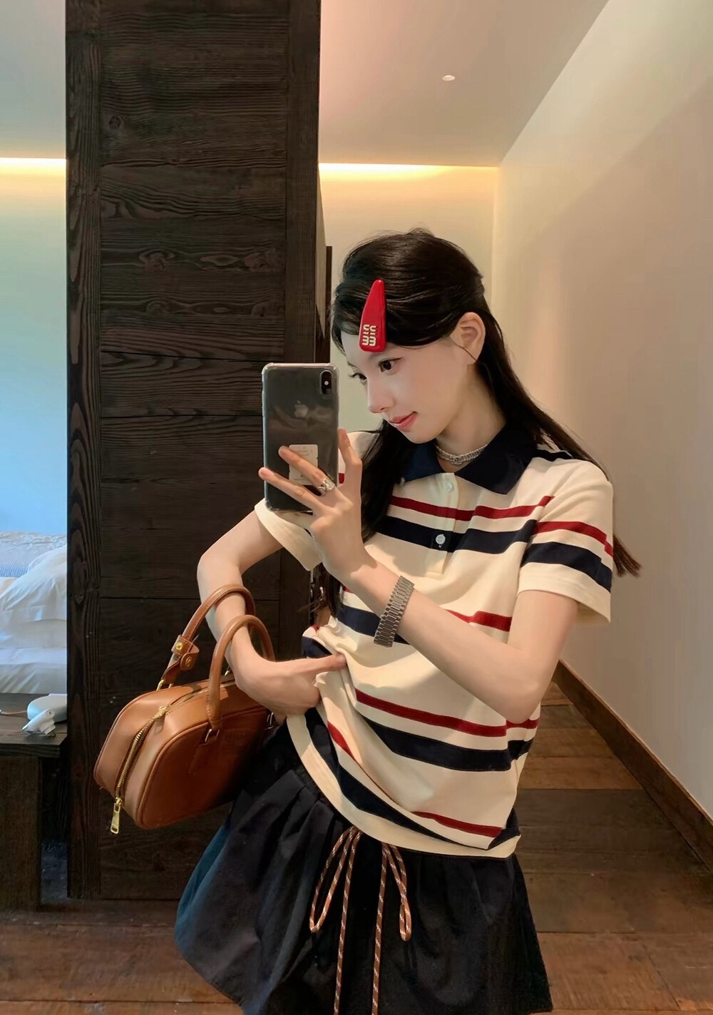 学姐Polo领条纹POLO衫+蓬蓬半身裙两件套套装 Striped T-shirt and Skirt Set