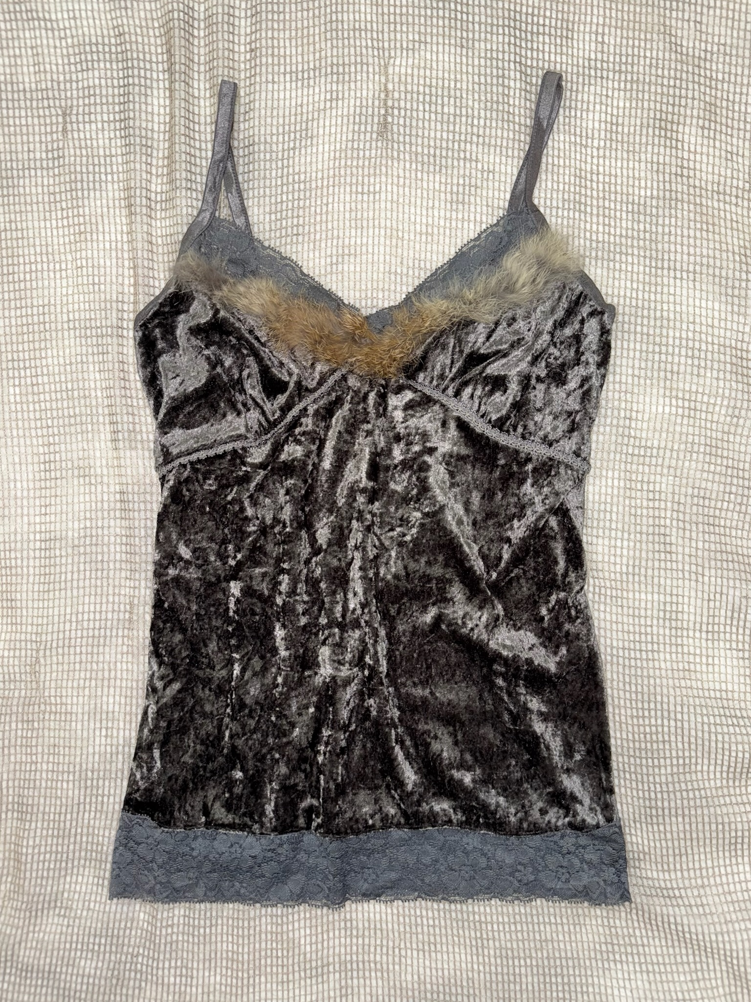 Whimsigoth Charcoal Grey Velvet Cami with Faux Fur Trim