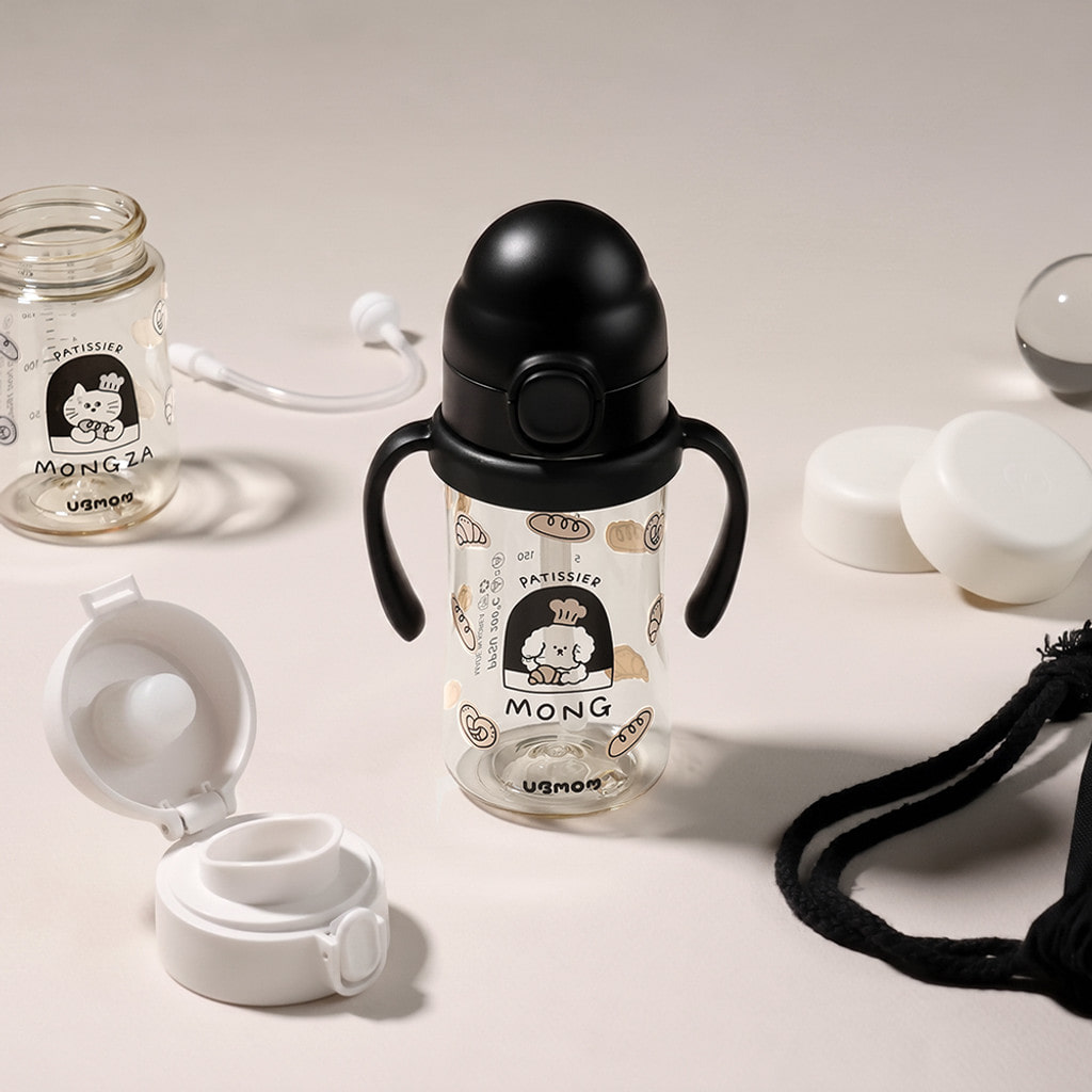 UBMOM PPSU特別版吸管杯 (黑色烘焙-牛角包萌萌狗 280ml) -標配彈蓋帶重力球及直飲管