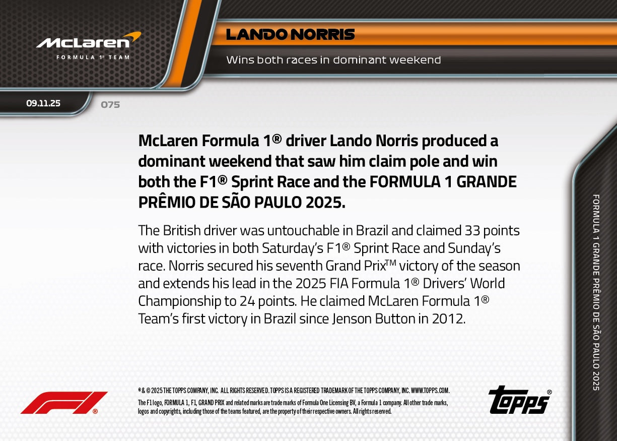 Lando Norris - 2025 F1 Topps NOW® #75 São Paulo GP 贏車卡｜PR 2,682