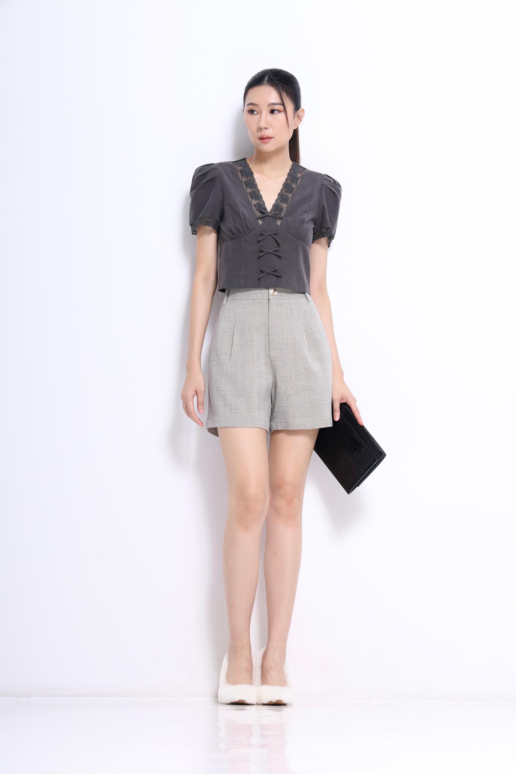 CB2743 French Lace Bow Cropped Blouse