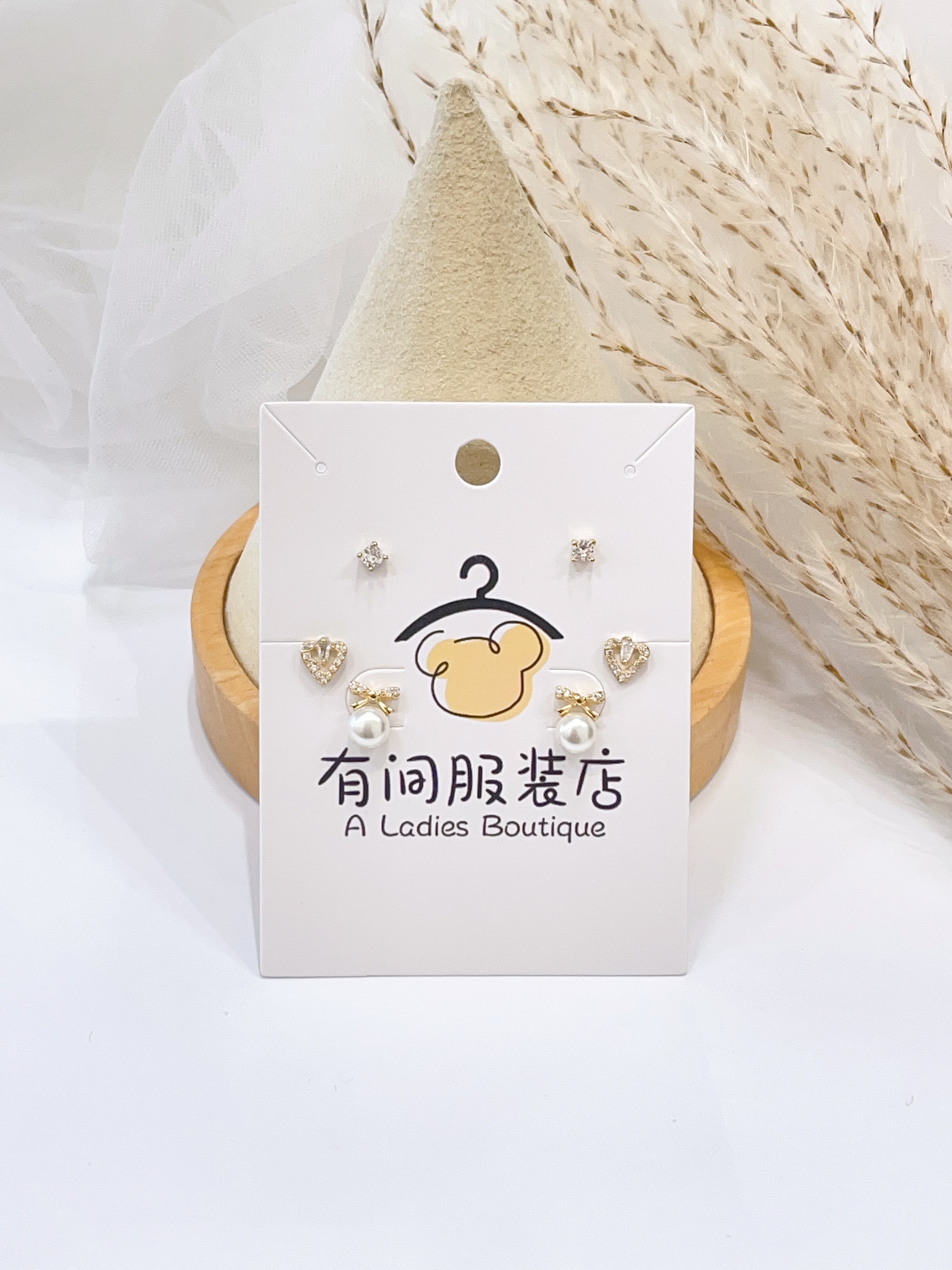 蝴蝶结珍珠爱心镶钻耳环套装