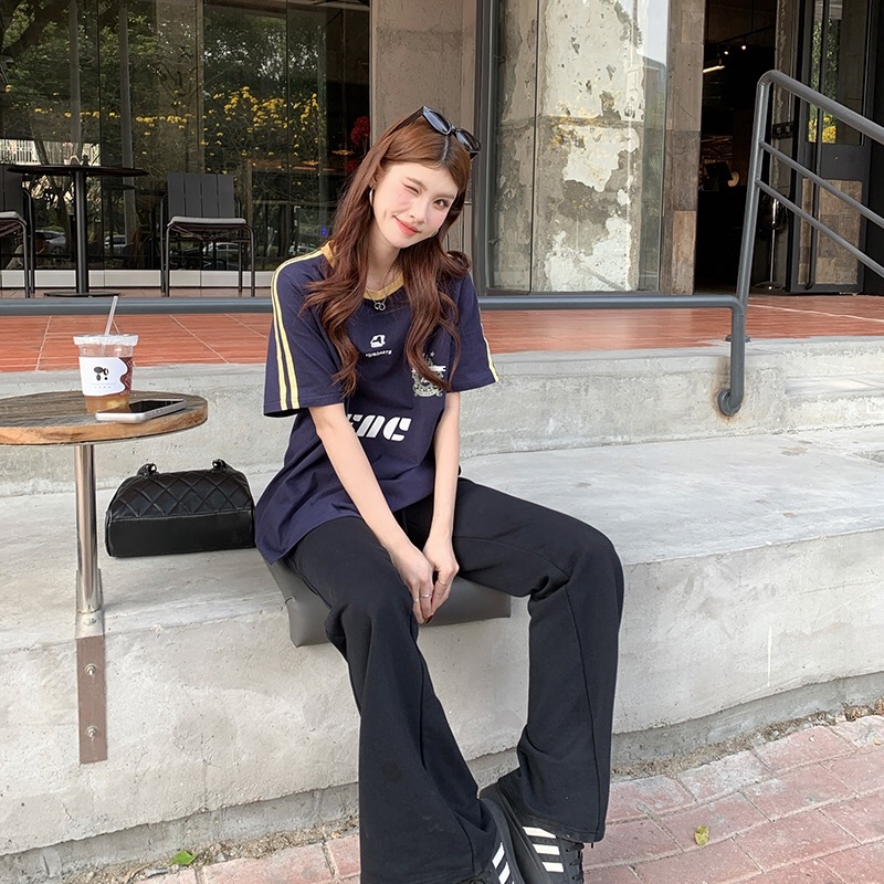 B269(00291) 美式复古机车风撞色圆领边蓝上衣 