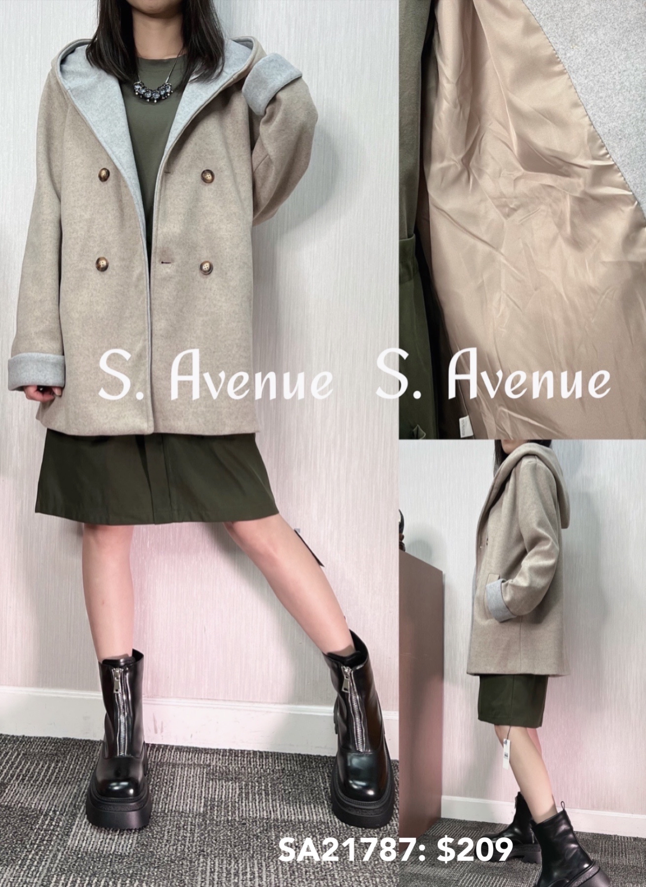 SA21787: 長袖撞色帽雙排鈕絨料褸