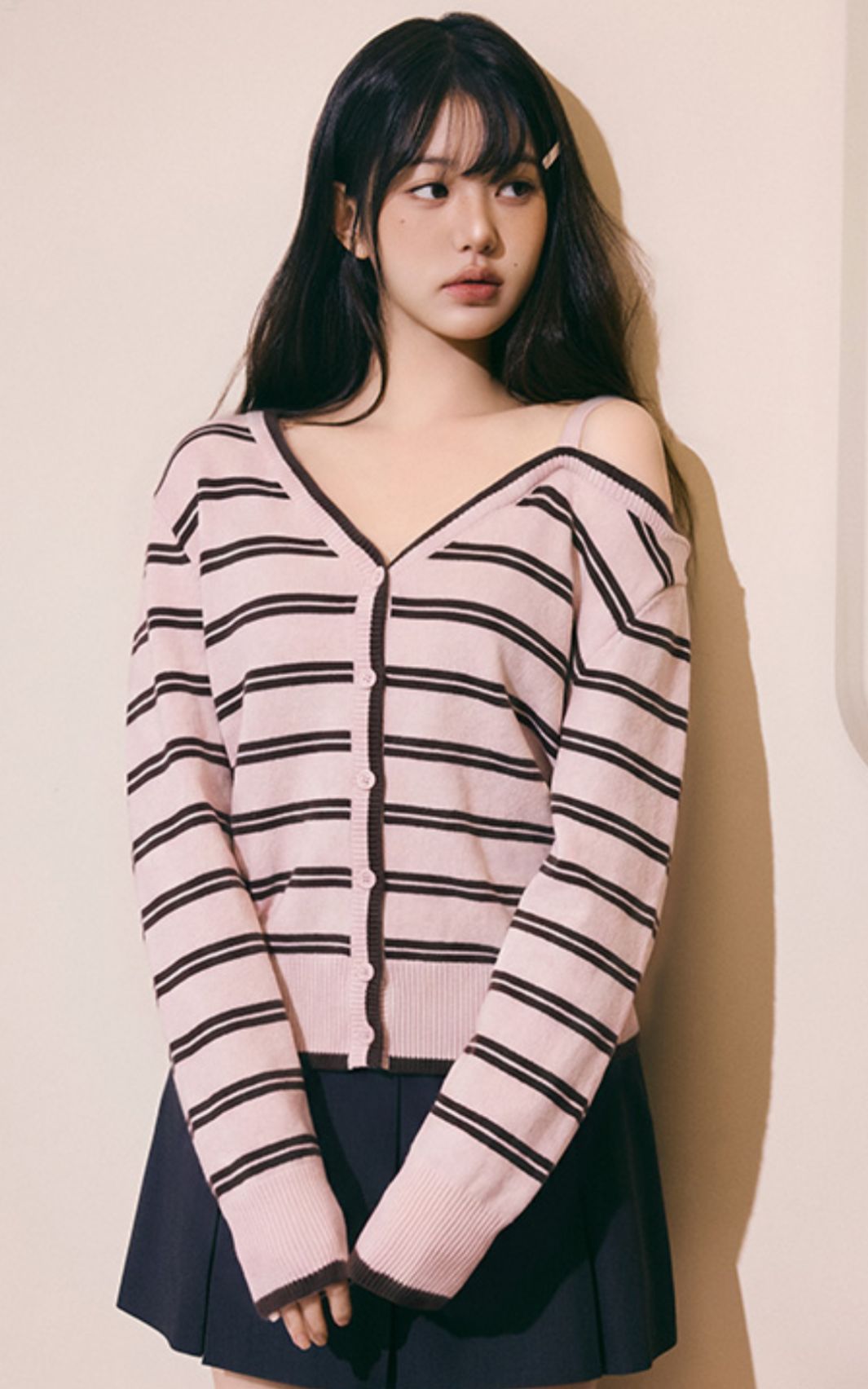 🎀Rolarola 🎀 ONE OFF SHOULDER 橫間cardigan 獨家折扣優惠 size: s/m Pink/white 28/3截單