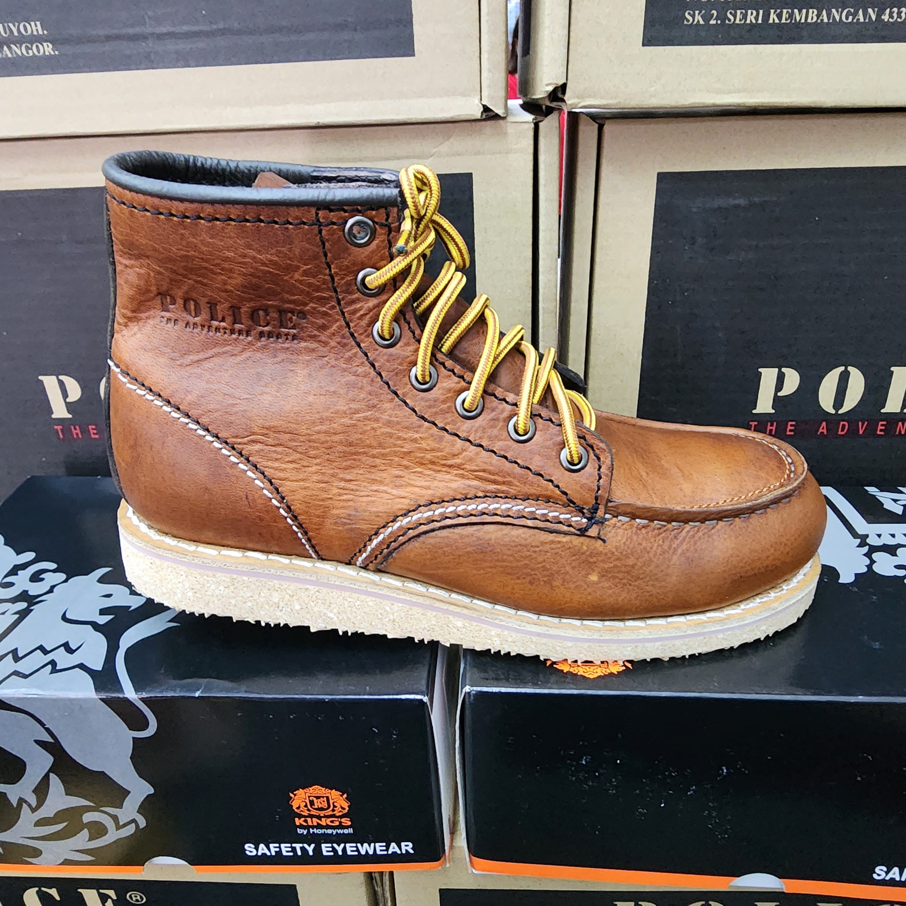 Original Brand Police 91594 Leather Laces Up Safety Boots Brown Light Maroon Dark brown Anti Slip sole Shoe Steel Toe Rubber Outsole 