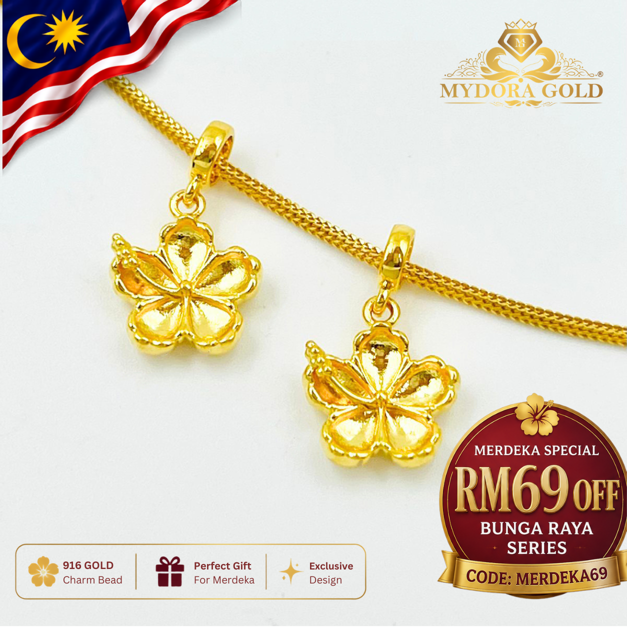 MYDORA Charm Bunga Raya Full Gold (5G) l EMAS 916/22K
