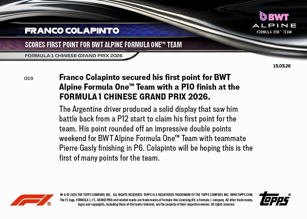 Franco Colapinto - 2026 F1 Topps NOW® #19 Chinese GP Alpine首奪積分卡｜PR 1,086
