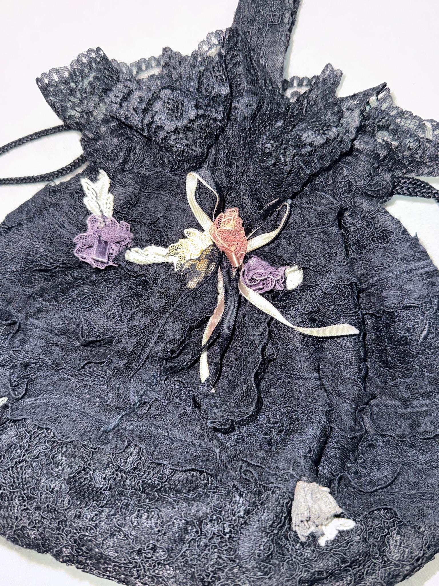 Black Lace Floral Applique Drawstring Pouch