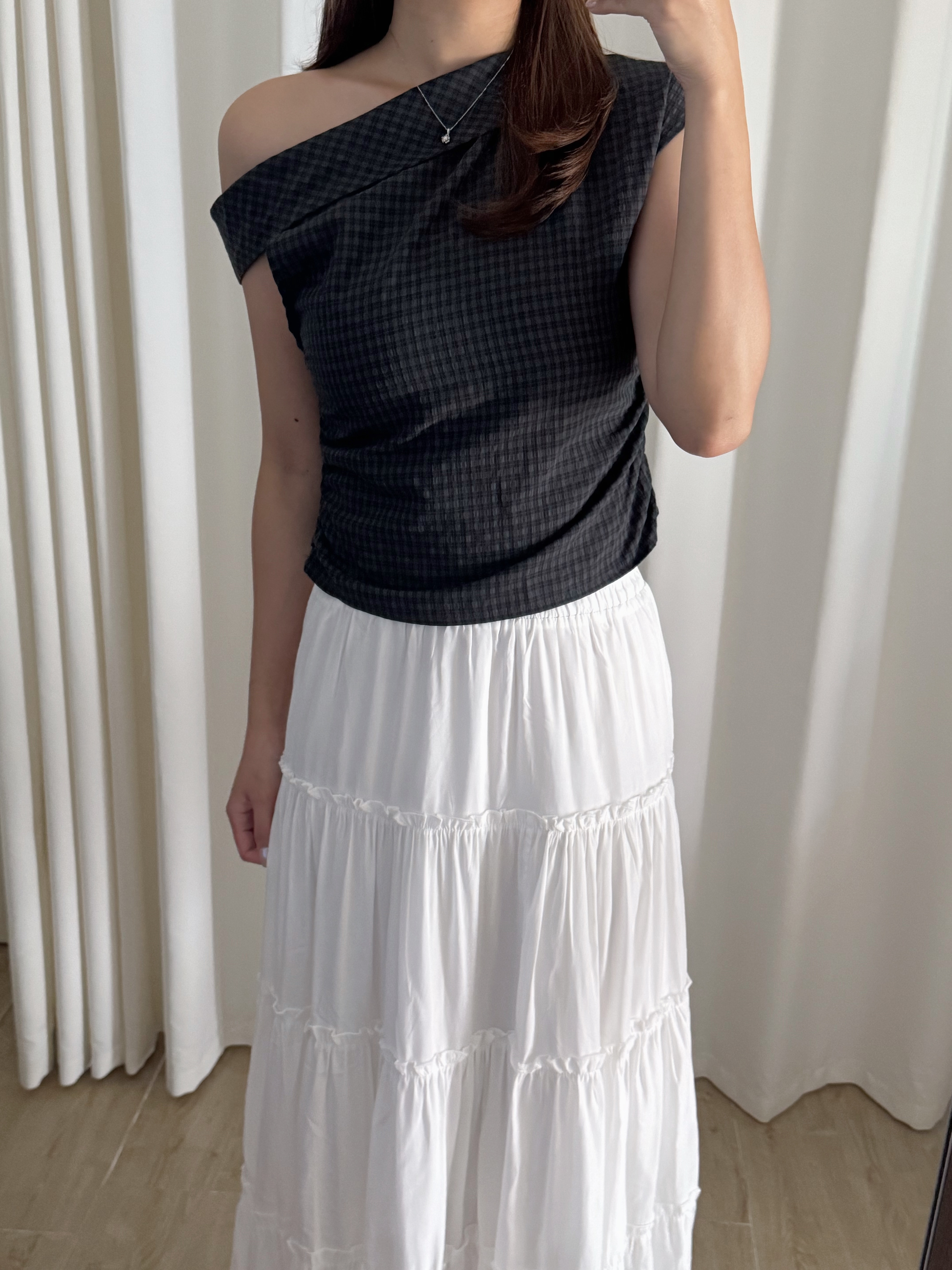 格子斜肩短袖上衣(兩色入)