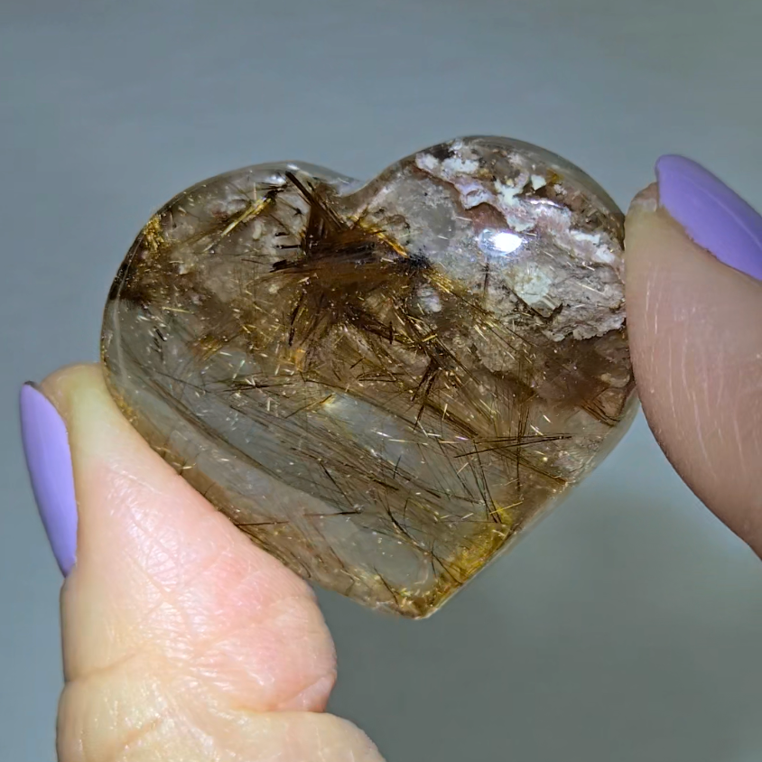 Golden rutile flower on pink lodolite garden quartz heart - RT710