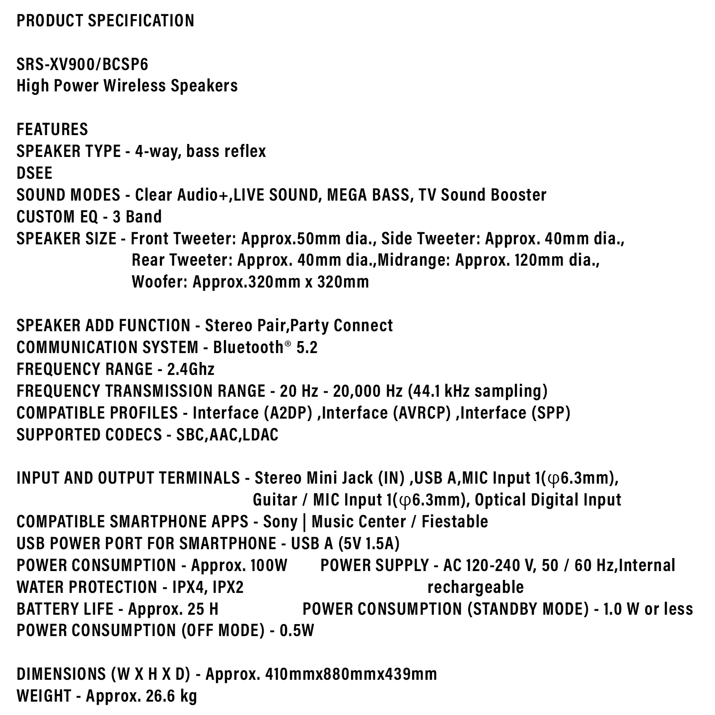 Sony High Power Wireless Party Speaker (SRS-XV900)
