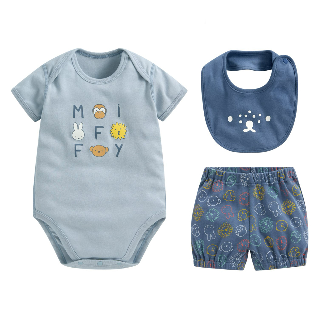 ☀️代購預訂 台灣直送☀️Miffy & Boris系列兩色純棉人物印花短袖包屁衣短褲圍兜三件套