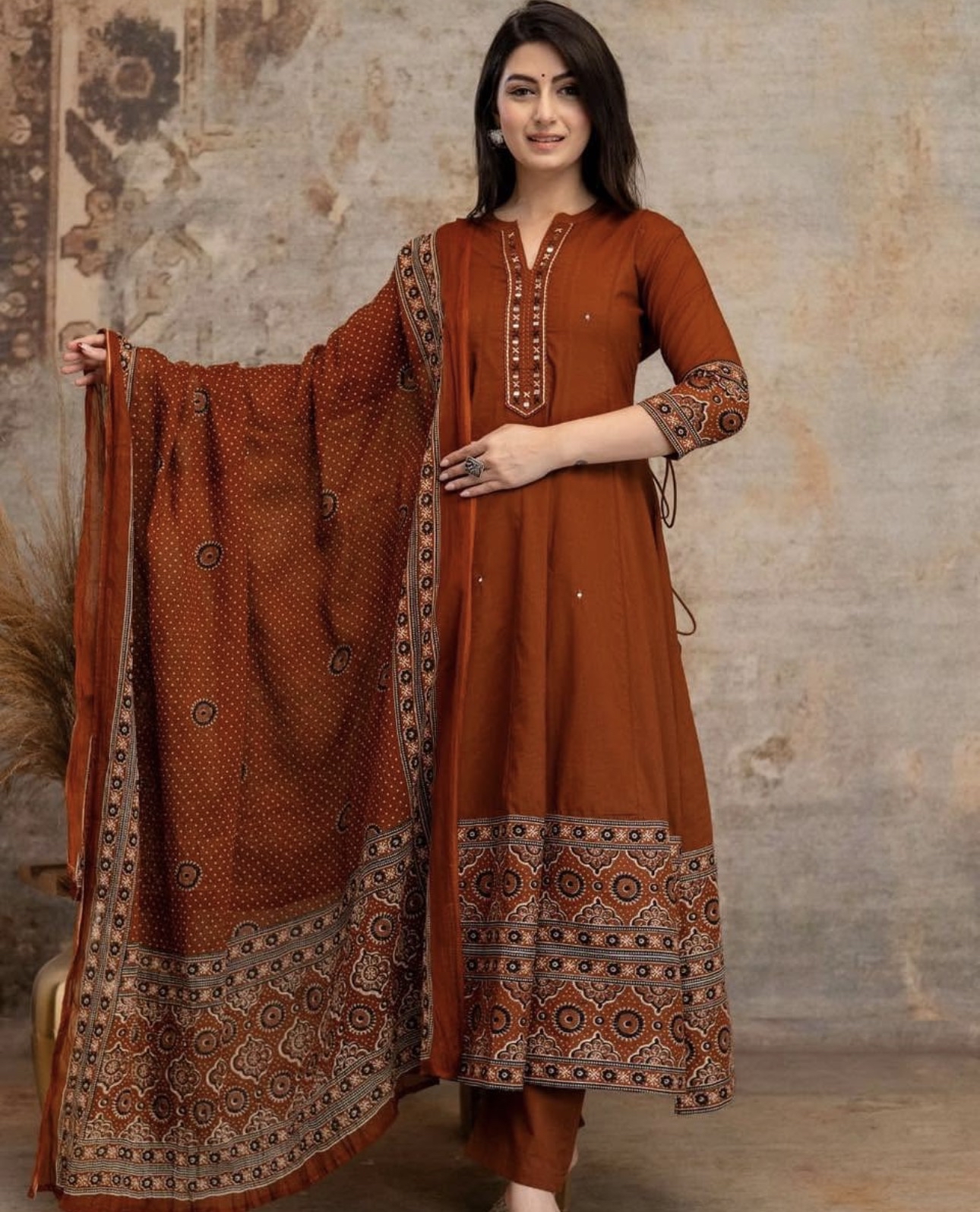 Earthy Rust Orange Anarkali Kurta Set with Heavy borders