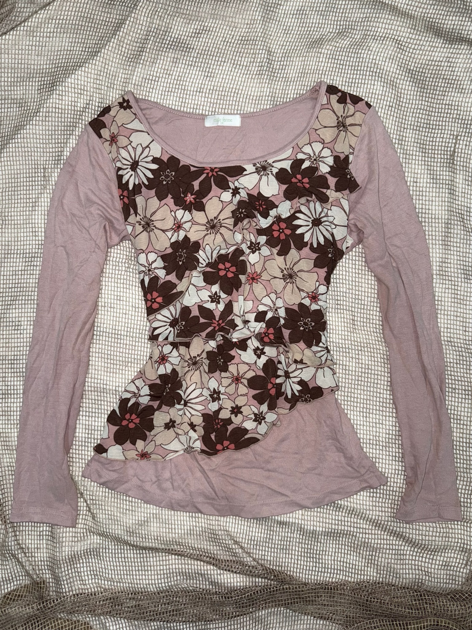 Mauve Floral Patchwork Ruffled Long-Sleeve Top