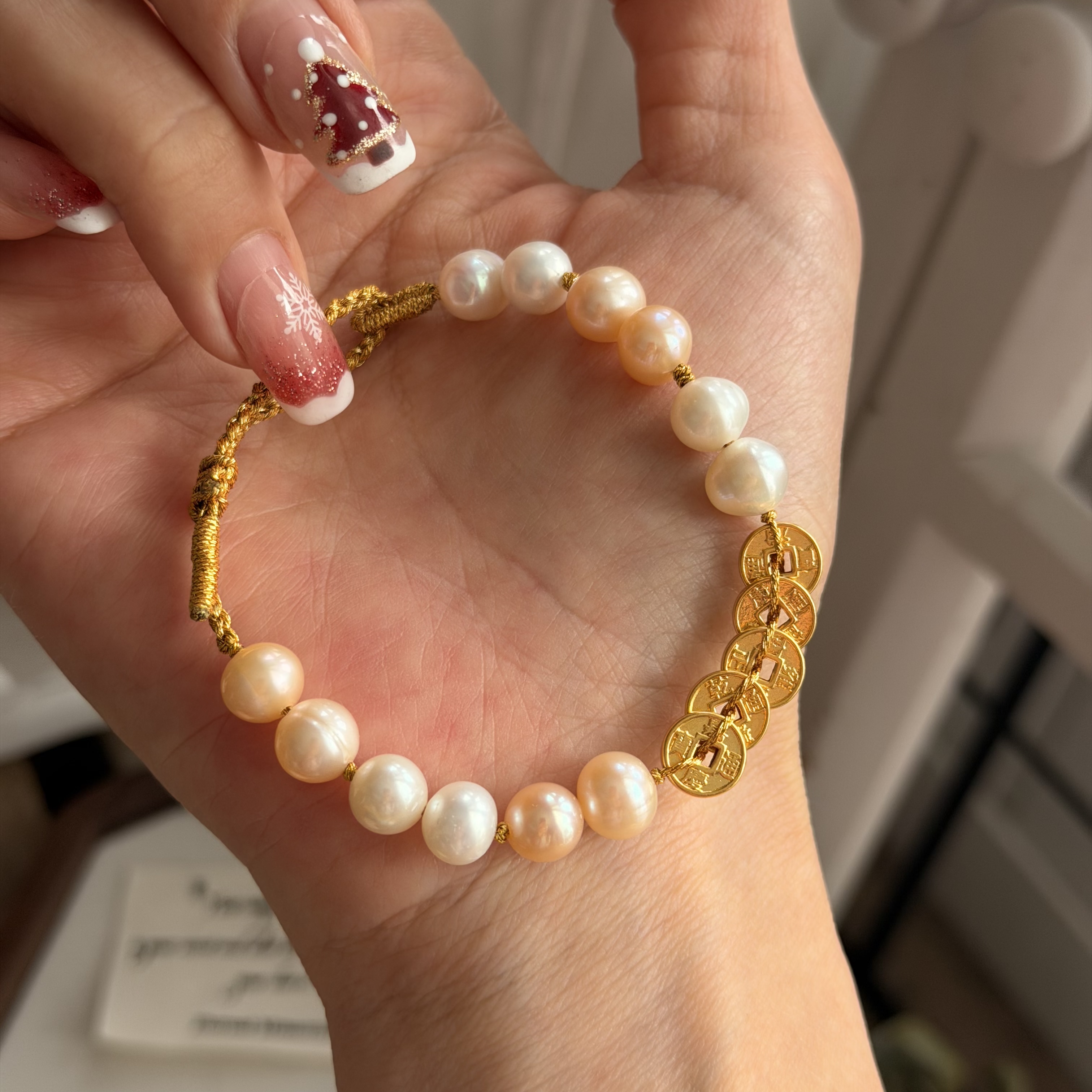 𝟵𝟵𝟵硬金五帝錢襯𝟳𝗺𝗺天然淡水珍珠