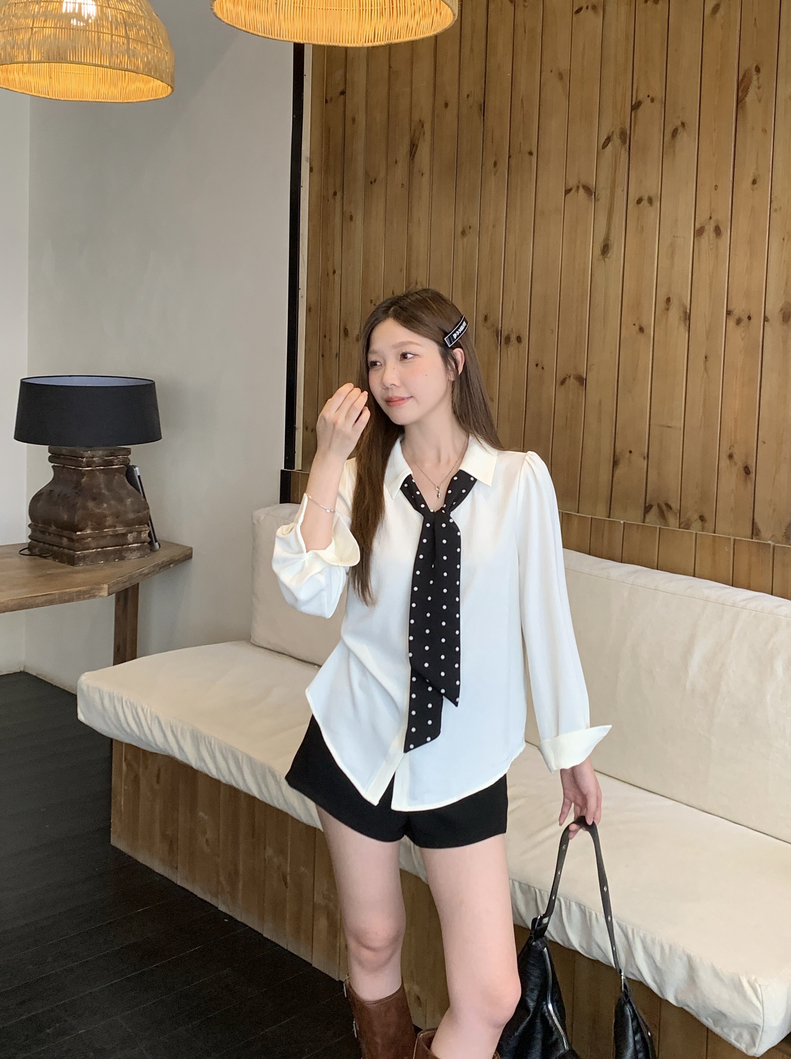 B316(80357) 韩版气质波点领带设计感紫杏衬衫上衣