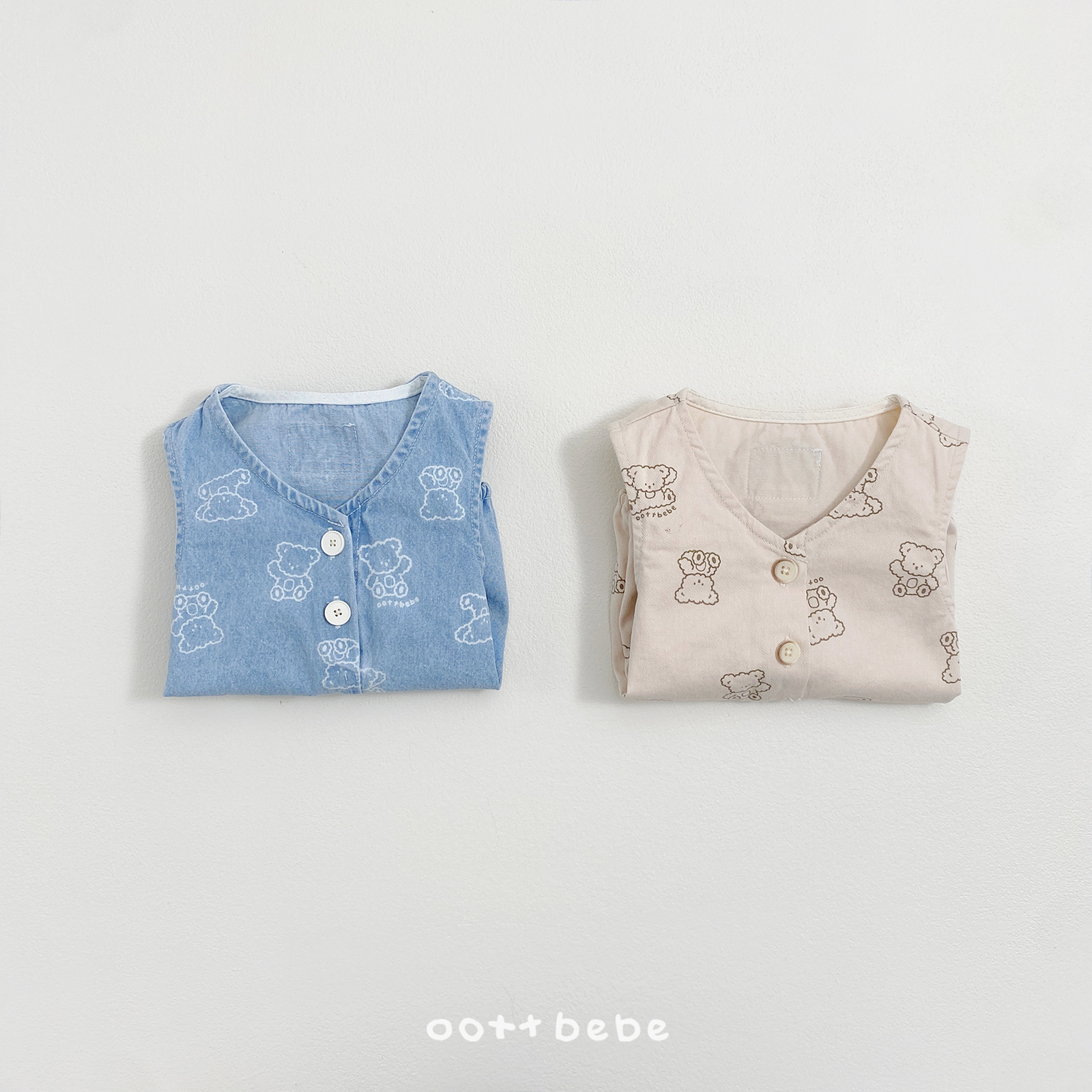 🌸預訂 韓國直送🌸🇰🇷OOTTBEBE兩色小熊滿印牛仔斜紋布背心包屁衣