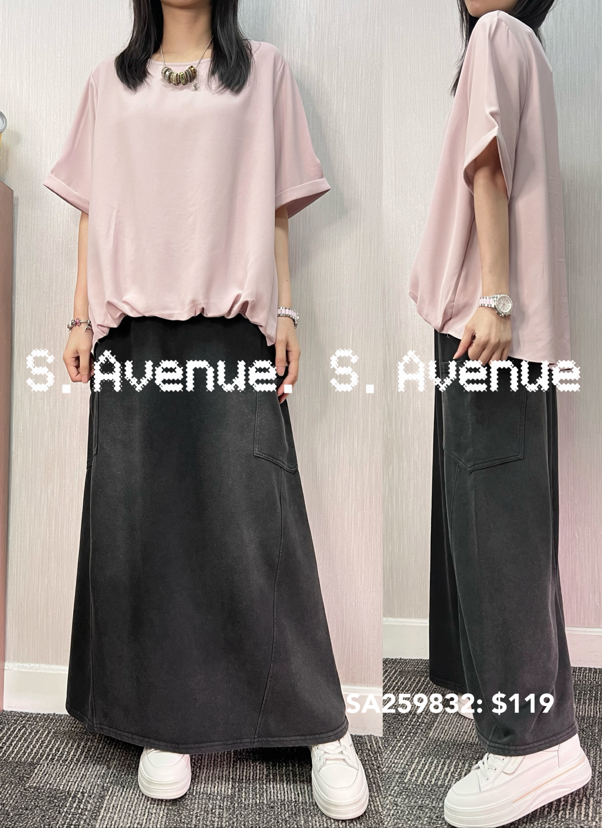 SA259832: 短袖前短後長淨色雪紡衫