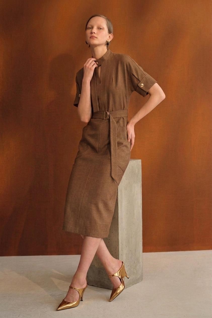 E8274BD Belted Mandarin Collar Dress