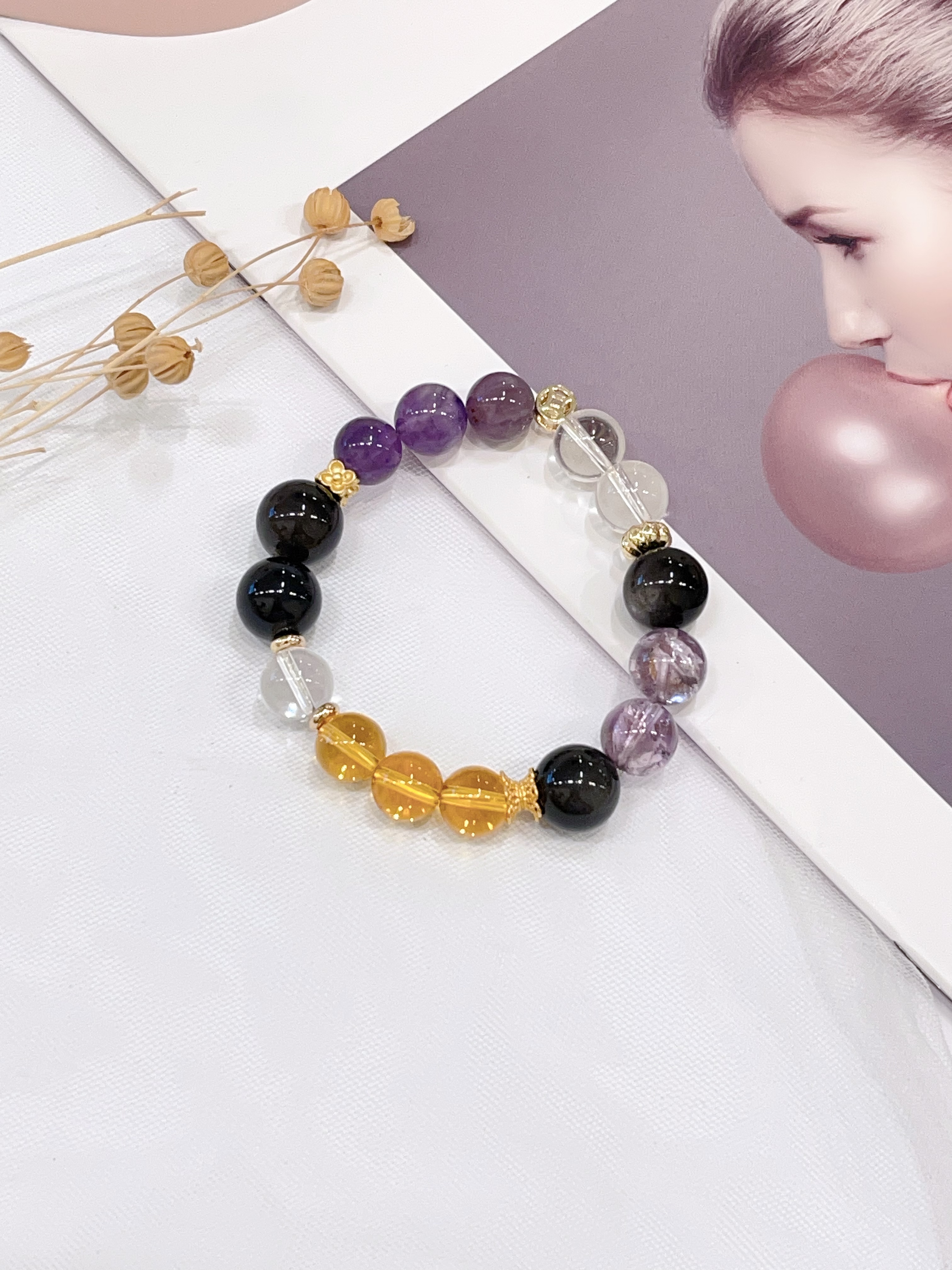 ✨ 紫塔晶 × 黑曜石 × 银曜石 × 白水晶 × 黄水晶手串  Amethyst × Obsidian × Clear Quartz × Citrine