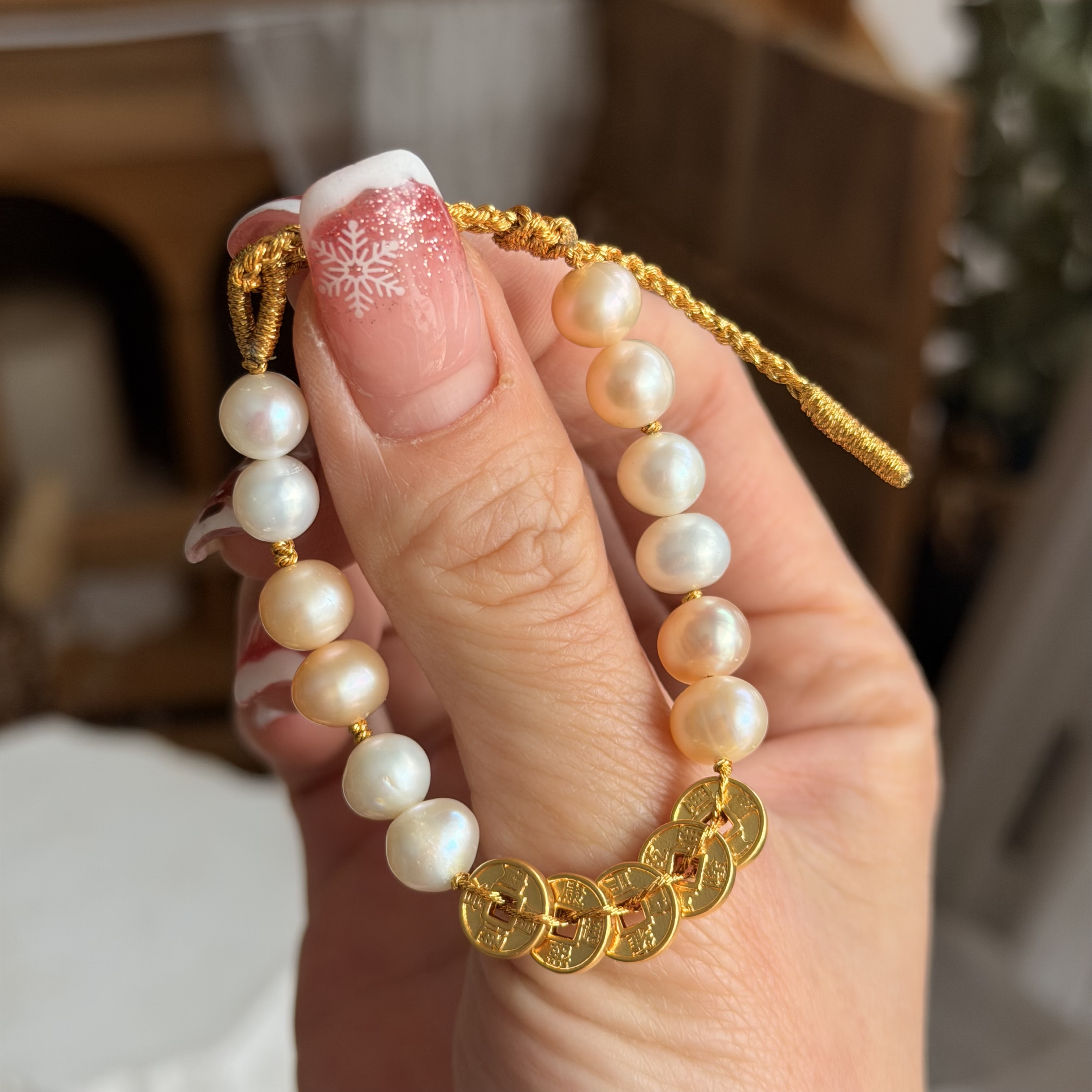 𝟵𝟵𝟵硬金五帝錢襯𝟳𝗺𝗺天然淡水珍珠