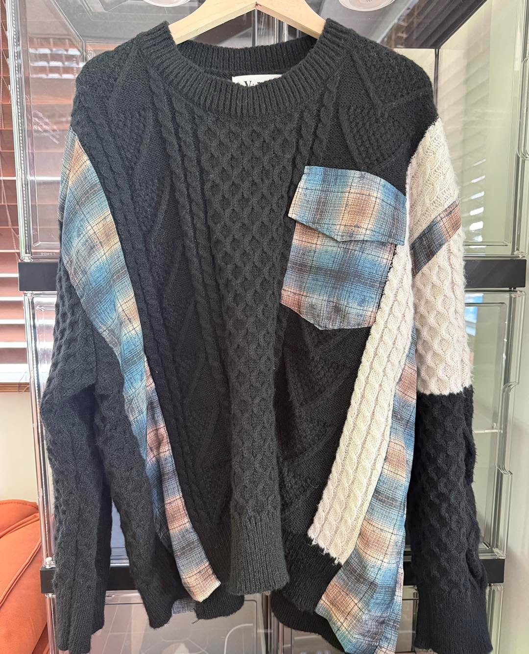 格子布拼針織上衣