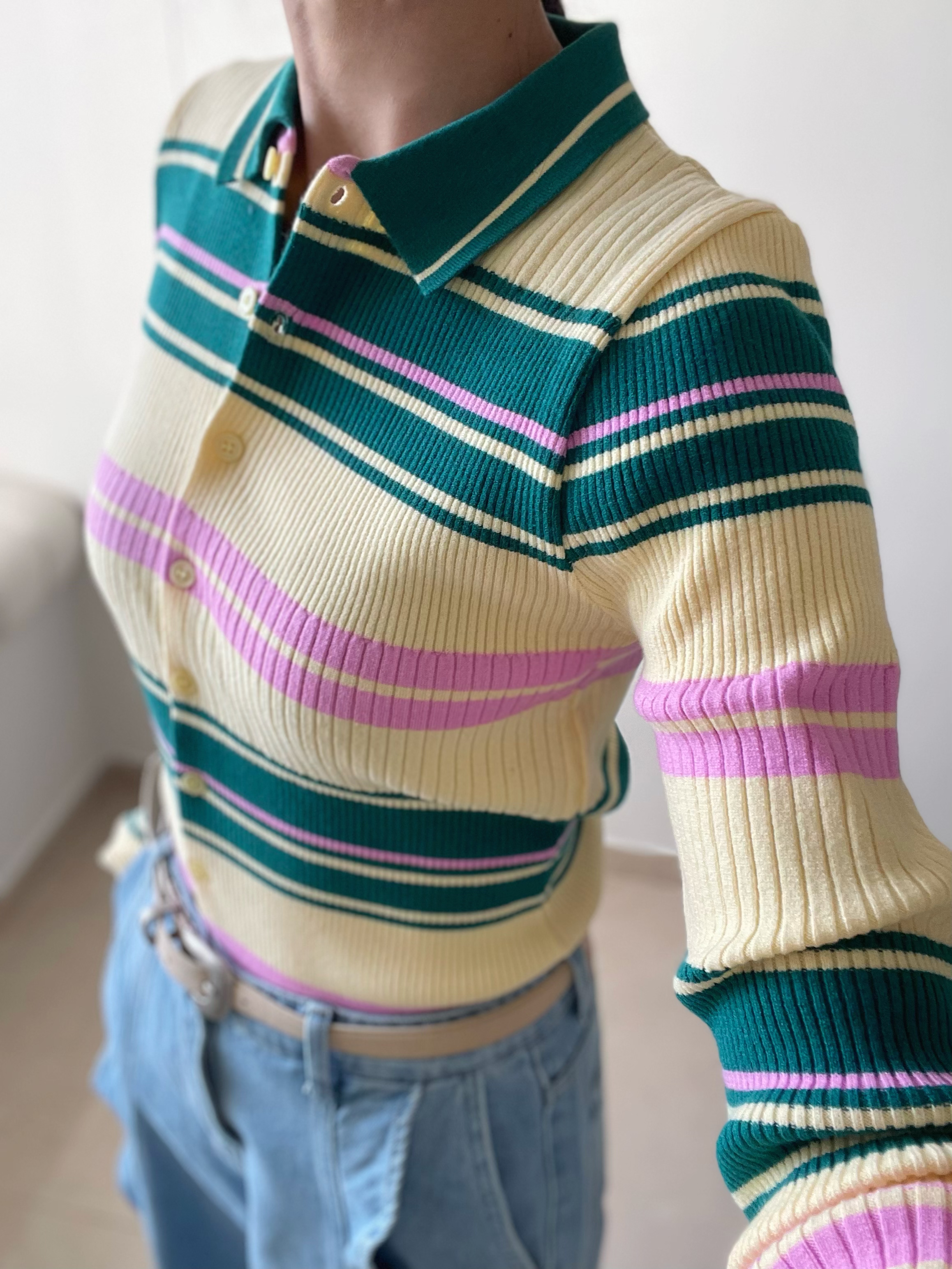 Retro rainbain ribbed knit top