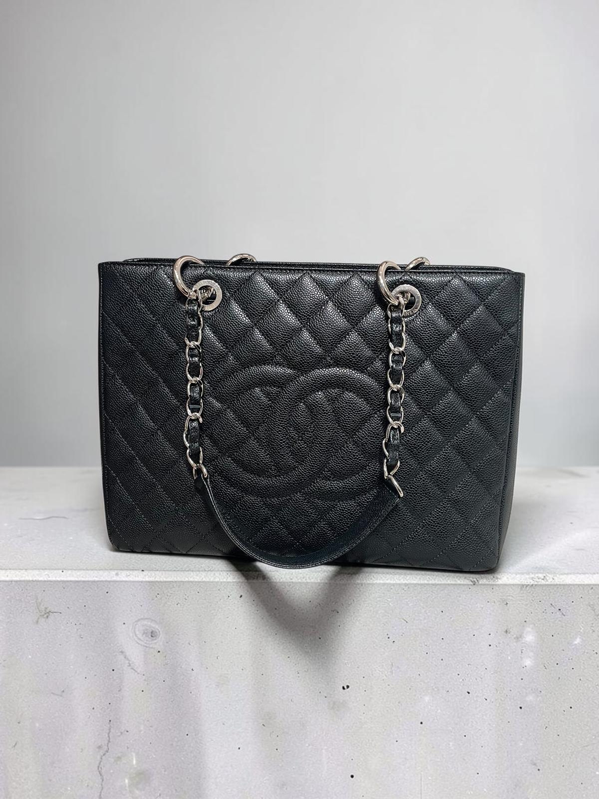 Chanel Gst Tote Bag grand shopping tote 黑色荔枝牛皮銀鏈100%Authentic, 98%new ✅19 card ✅dust bag 