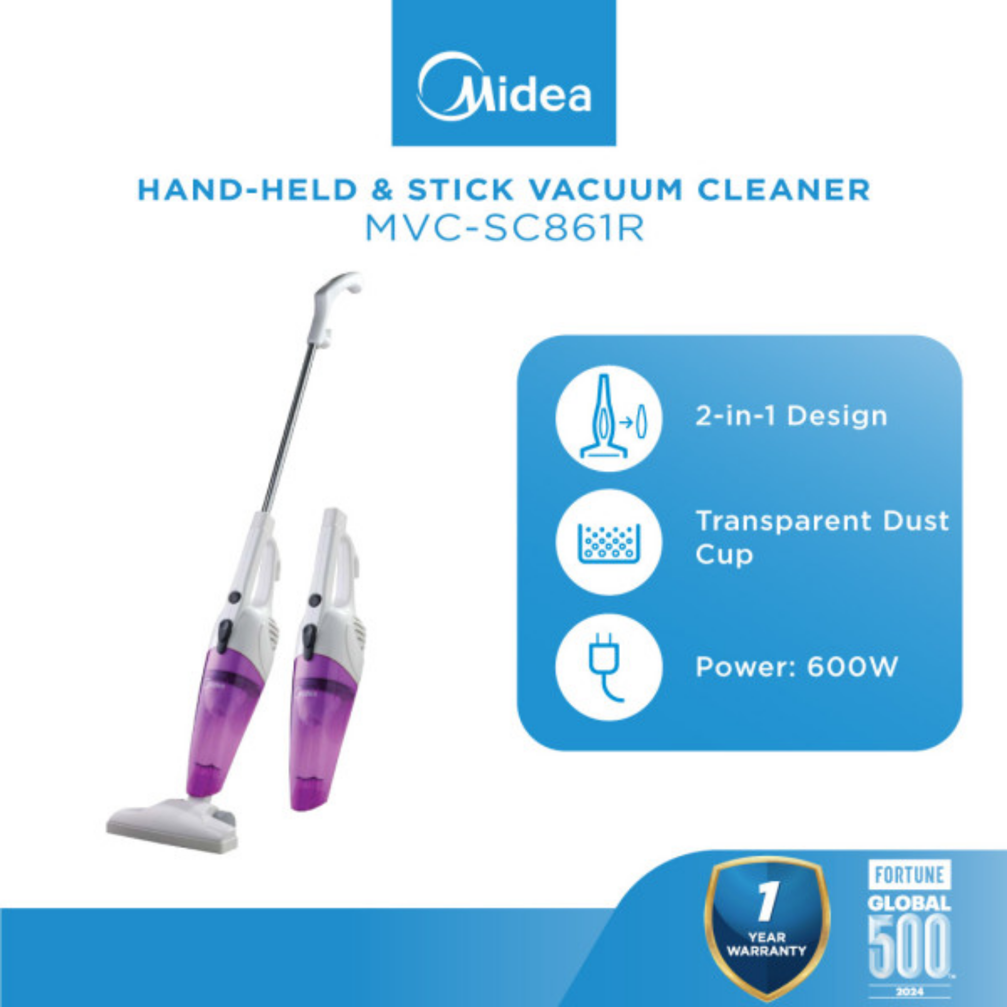 Midea 600W 2-in-1 Stick Vacuum Cleaner Purple (MVC-SC861R)
