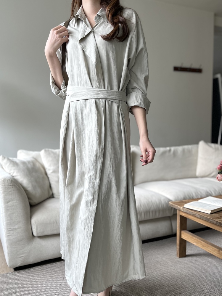 Minimal Belted Shirt Dress (Khaki)