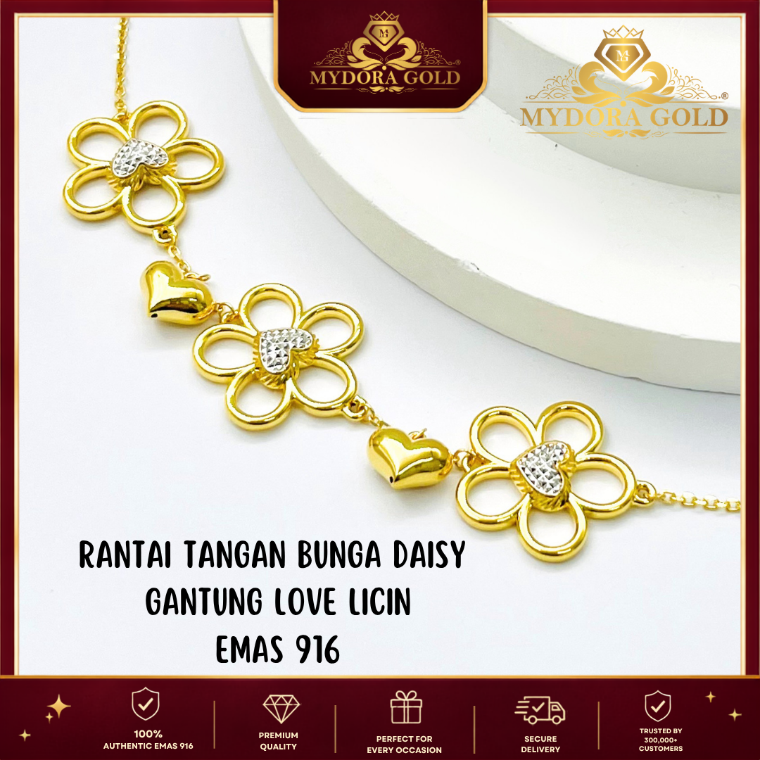 MYDORA Rantai Tangan Bunga Daisy Gantung Love Licin l EMAS 916/22K
