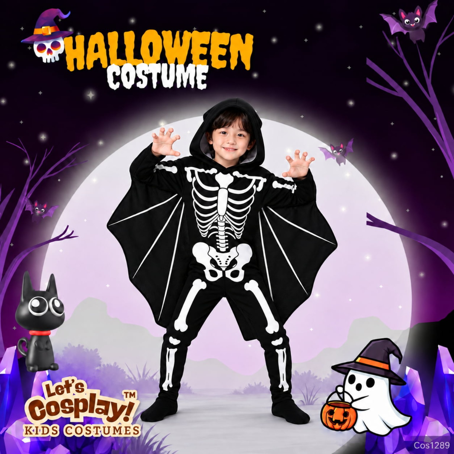 兒童骷髏蝙蝠翼萬聖節角色扮演服 Skeleton Bat Kids Costume 110–150碼 Lets Cosplay COS1289