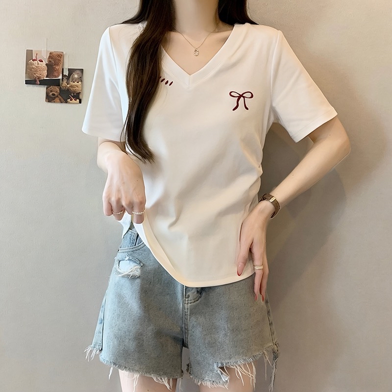 B176(36910) 韩版时尚V领蝴蝶结印花排点领边褶皱腰4色上衣