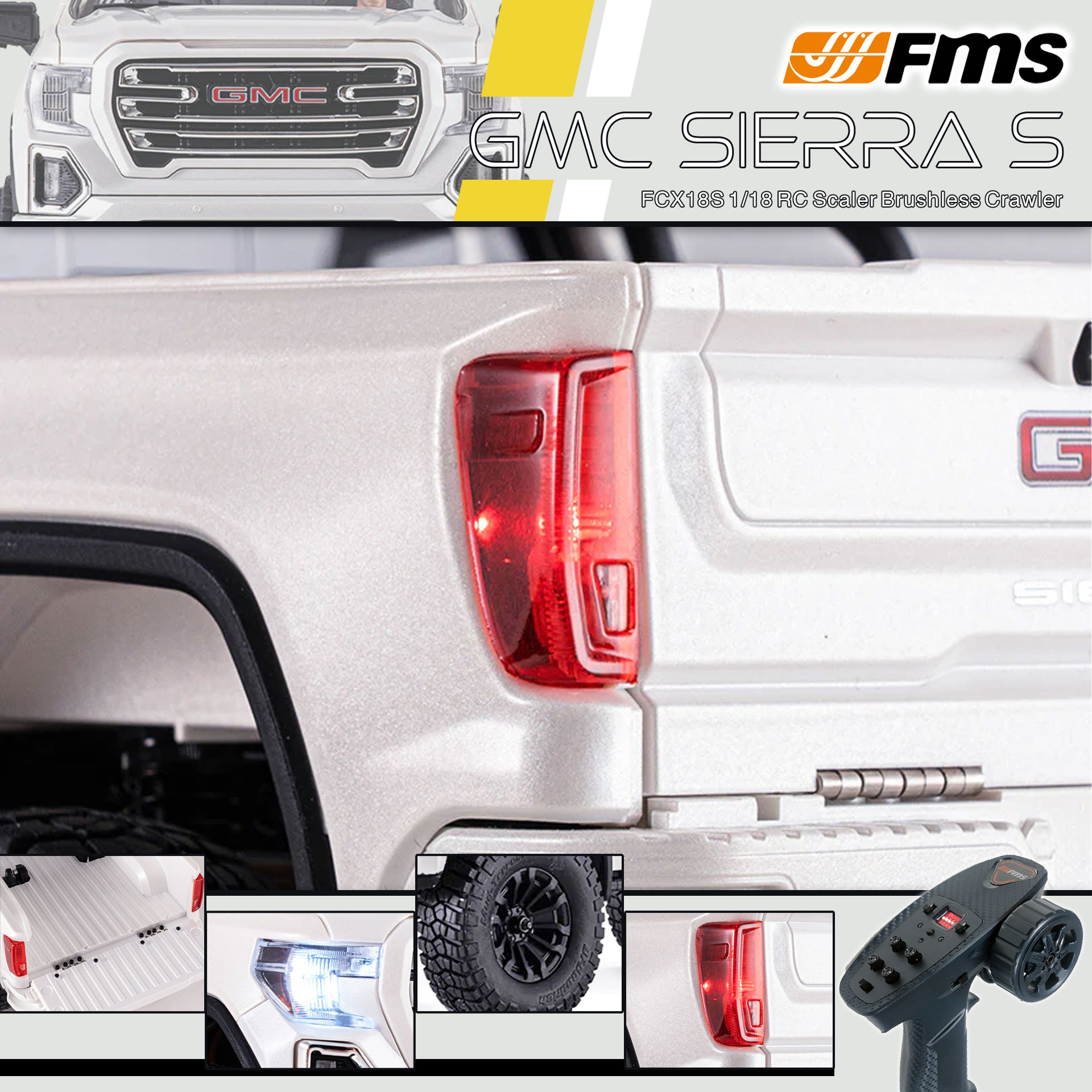 全新 FMS FCX18S 1:18 GMC Sierra S RTR Brushless | General Motors LLC授權 | 無刷版本 | 聯動指揮燈 | 2段機械變速 | 迷你慢爬車 | 遙控車 | 像真迷你遙控車