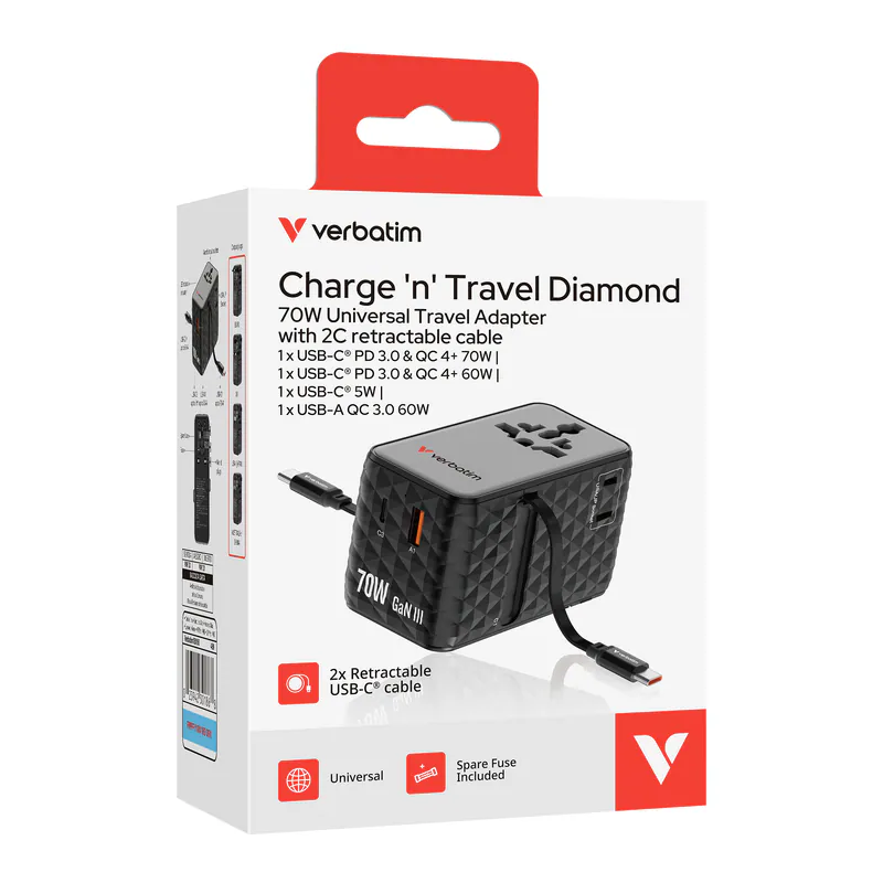 香港行貨 2年保養  Verbatim 威寶 Charge 'n' Travel Diamond 70W 通用旅行轉插(附雙USB-C可伸縮充電線) (CNT-70/2C) 30186