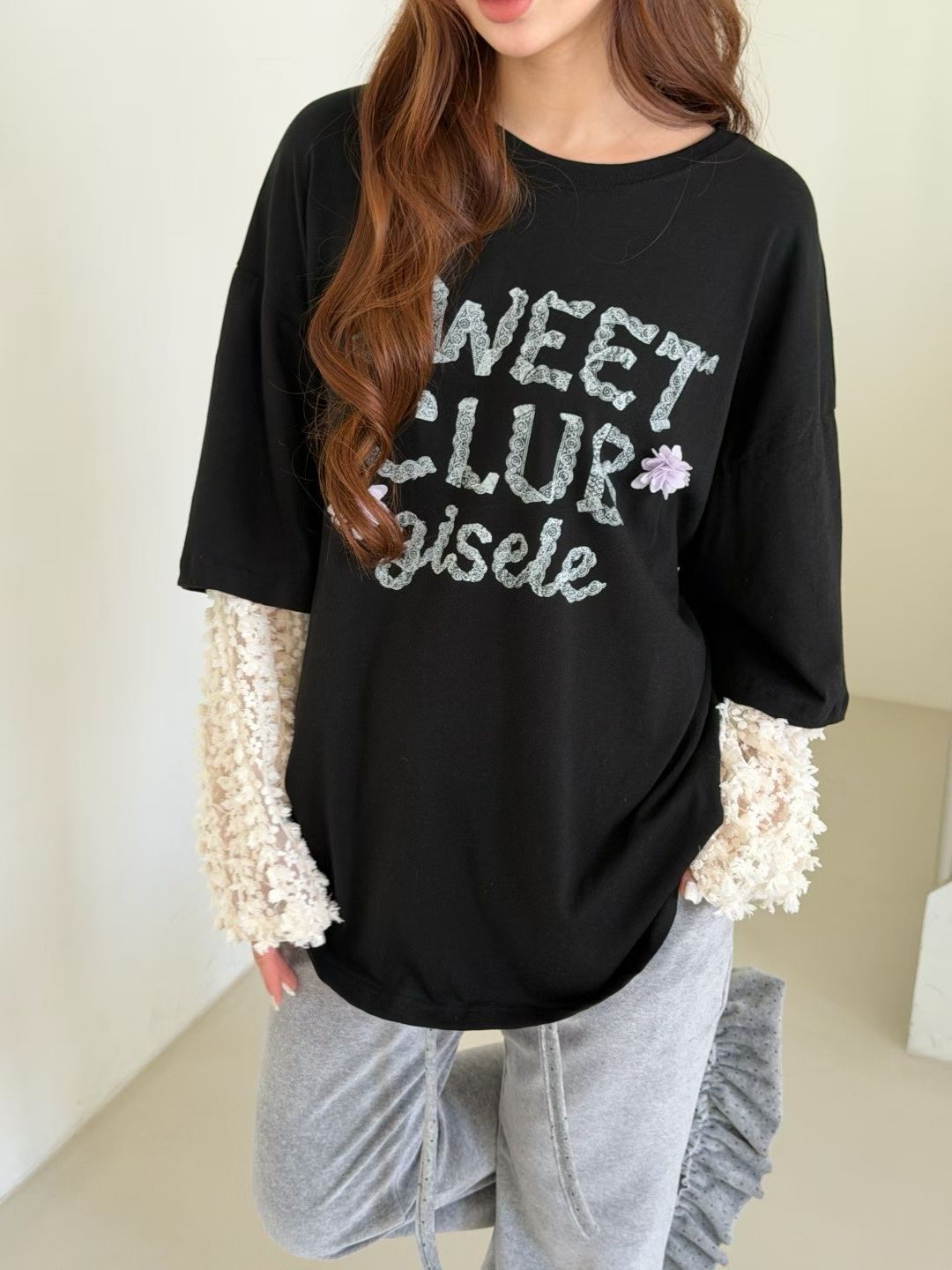 221686 “SWEET CLUB  gisele” 假兩件lace袖tee