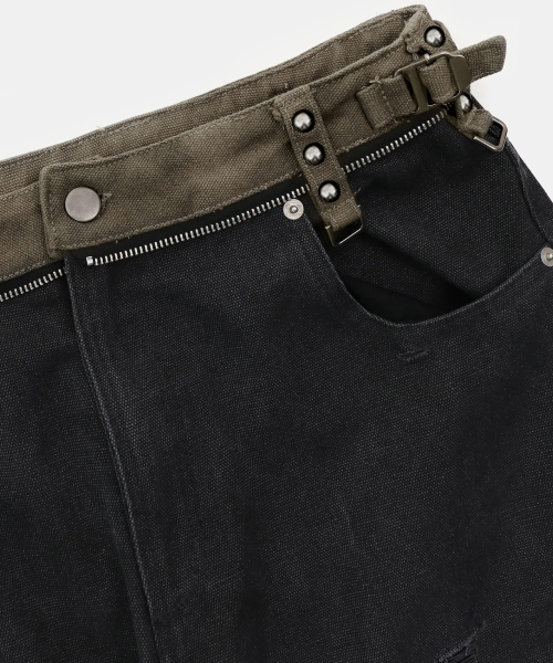 Studded Carpenter Curved Pants - Black - 스터디드 카펜터 커브드 팬츠 - 블랙