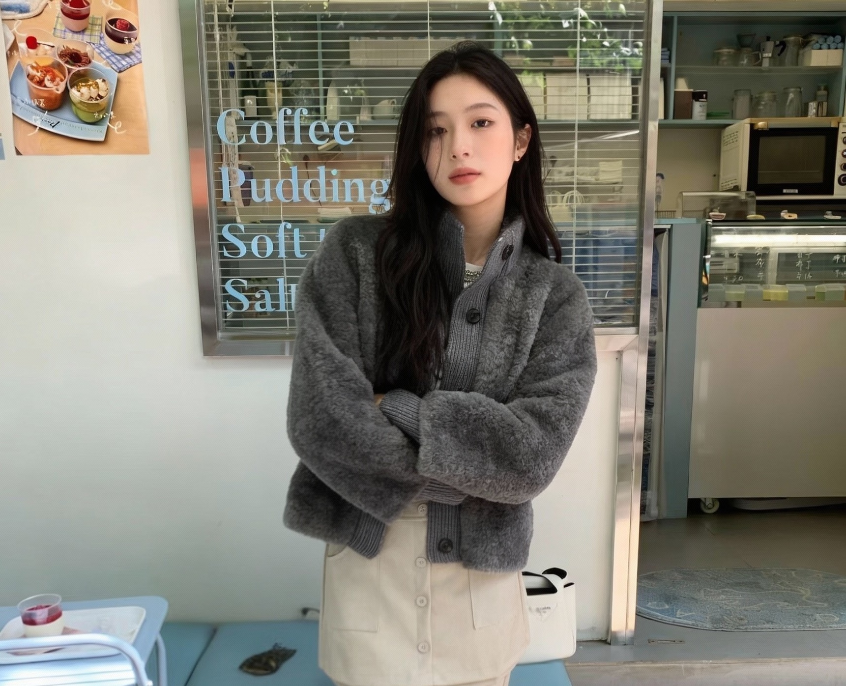 毛絨短版開襟外套 – 羊羔絨大扣子夾克